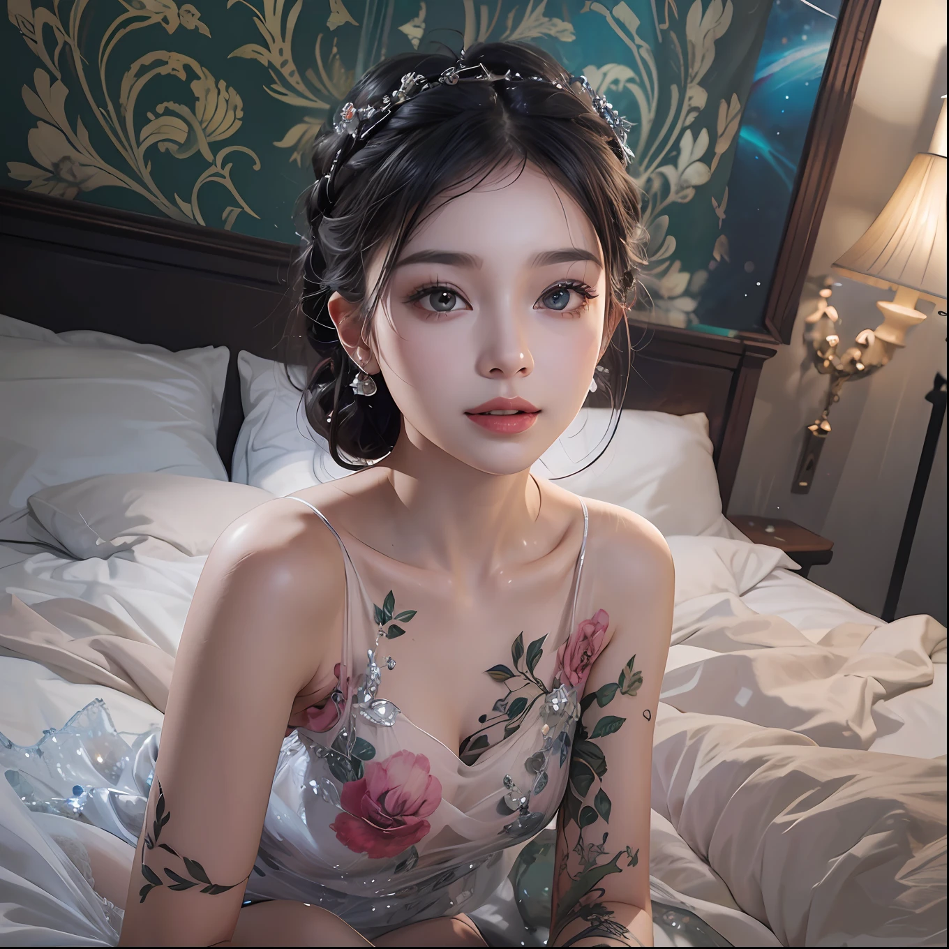 1girll,(enchanced quality:1.4),(Top quality true texture skin), Delicate face,Black hair, Gradient hair, Petite body,(perfect bodies:1.1), There are precious stones on the forehead, rimless eyewears, Sparkling pupils,long eyelasher,grin, hyper photorealism, Cinematic lighting, projected inset, surrealism, hyper HD, Masterpiece, 16k,Lie down,dream on,Wear transparent silk pajamas,Carmelto,Legs slightly open,Tattooed with,Fantasy space,Luxurious space