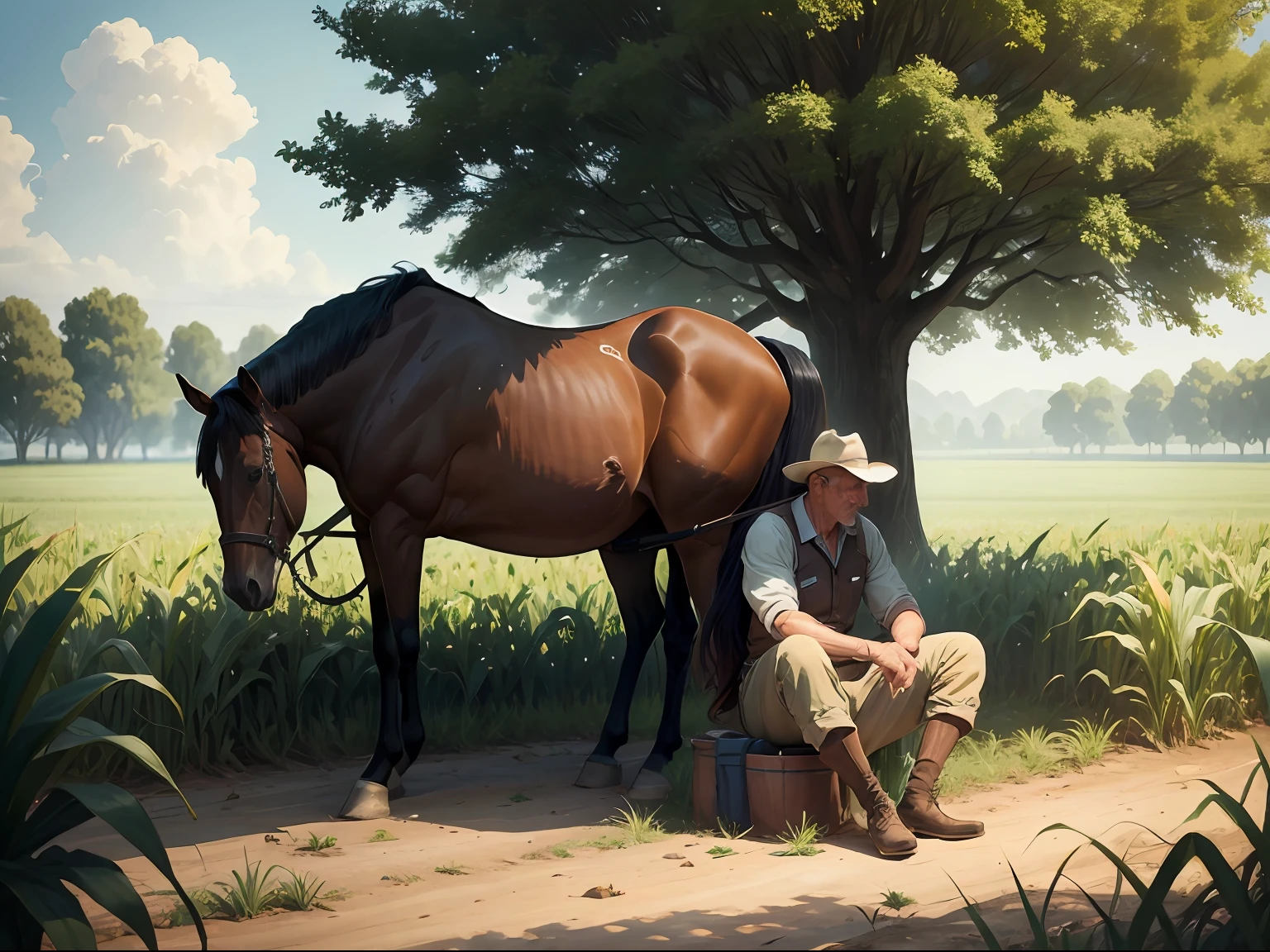 A troubled farmer in the corn field, seated under a tree, a horse nearby. --auto