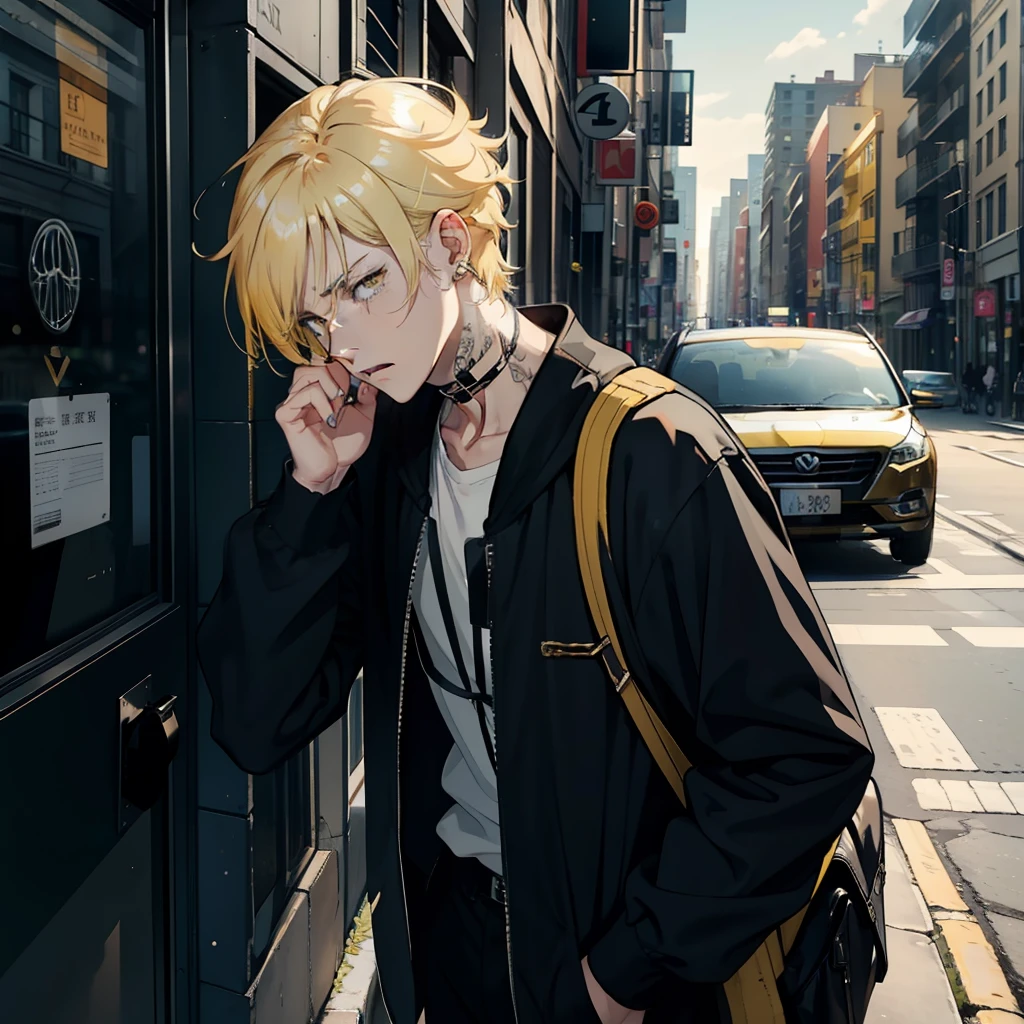1 male,Yellow hair,Keep your eyes on your phone,Look at the phone,Answer the phone,Calling,Very wide open mouth,irate,sad,streaming tears,at the street side,In the daytime