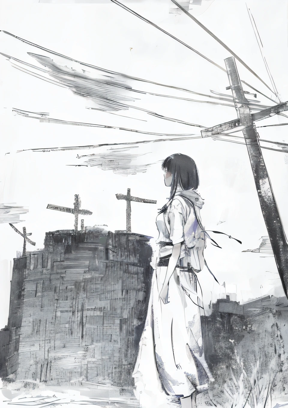 Draw a woman standing in front of a cross on a hill, tsutomu nihei art,A gentle breeze blows the clouds in the sky， author：by Yumihiko Amano, author：Uesaka Seka, tsutomu nihei, Tsutomu Nihei style, pencil and ink manga drawing, author：Kiyochika Kobayashi, author：Yoshio Makino