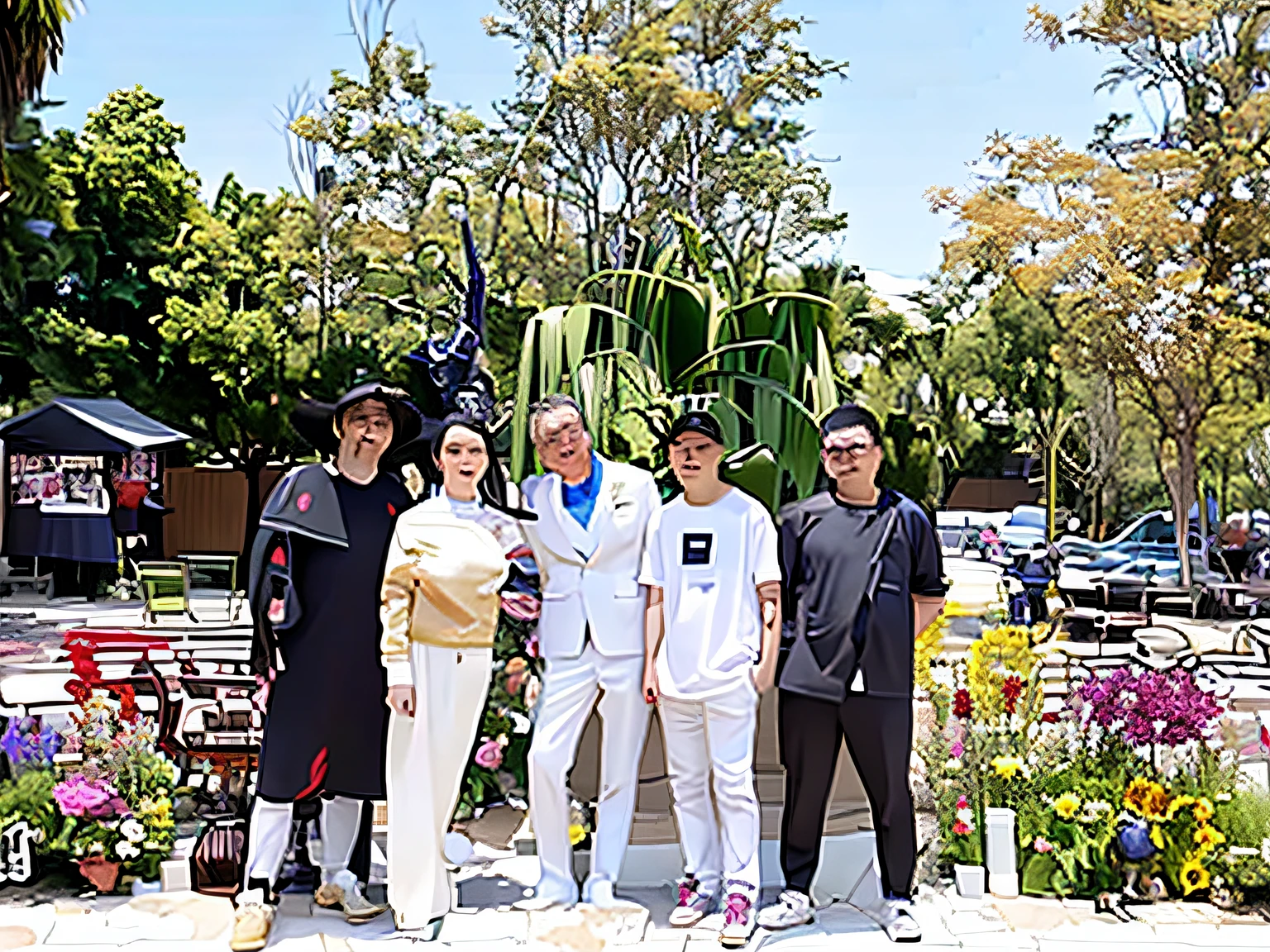 Several people stand in front of the flower show,A man in a suit, festivity, Wedding, height of 165cm, 155 cm tall, From left, bridegroom, Group photo, ron english and eiichiro oda, jia, Masterpiece works of art, tang mo, Background with, Middle metaverse, Ceremony, band, chinese artist