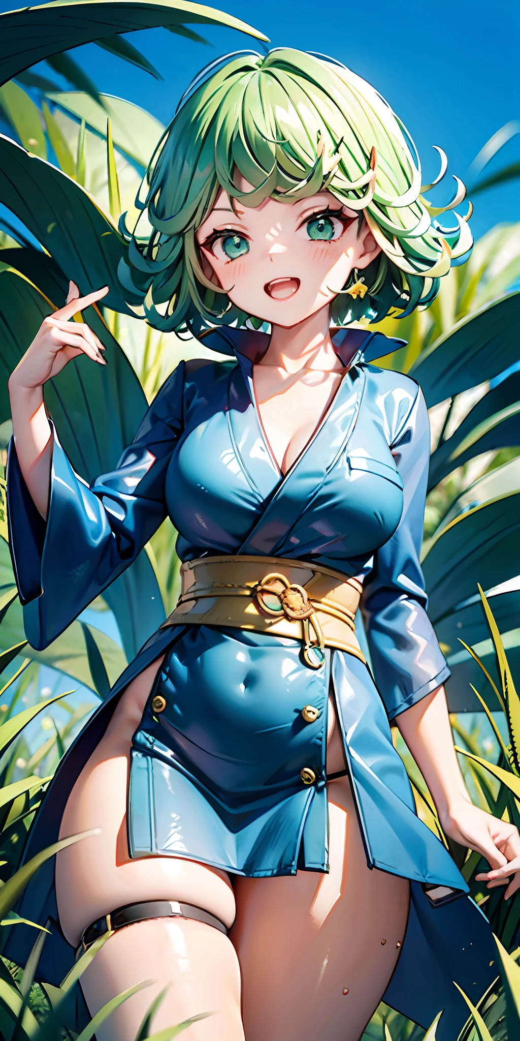 tatsumaki,Short green hair,Hip-baring robe,Grass amusement park,solid blue background,Cute style,having fun,Fleshy thighs