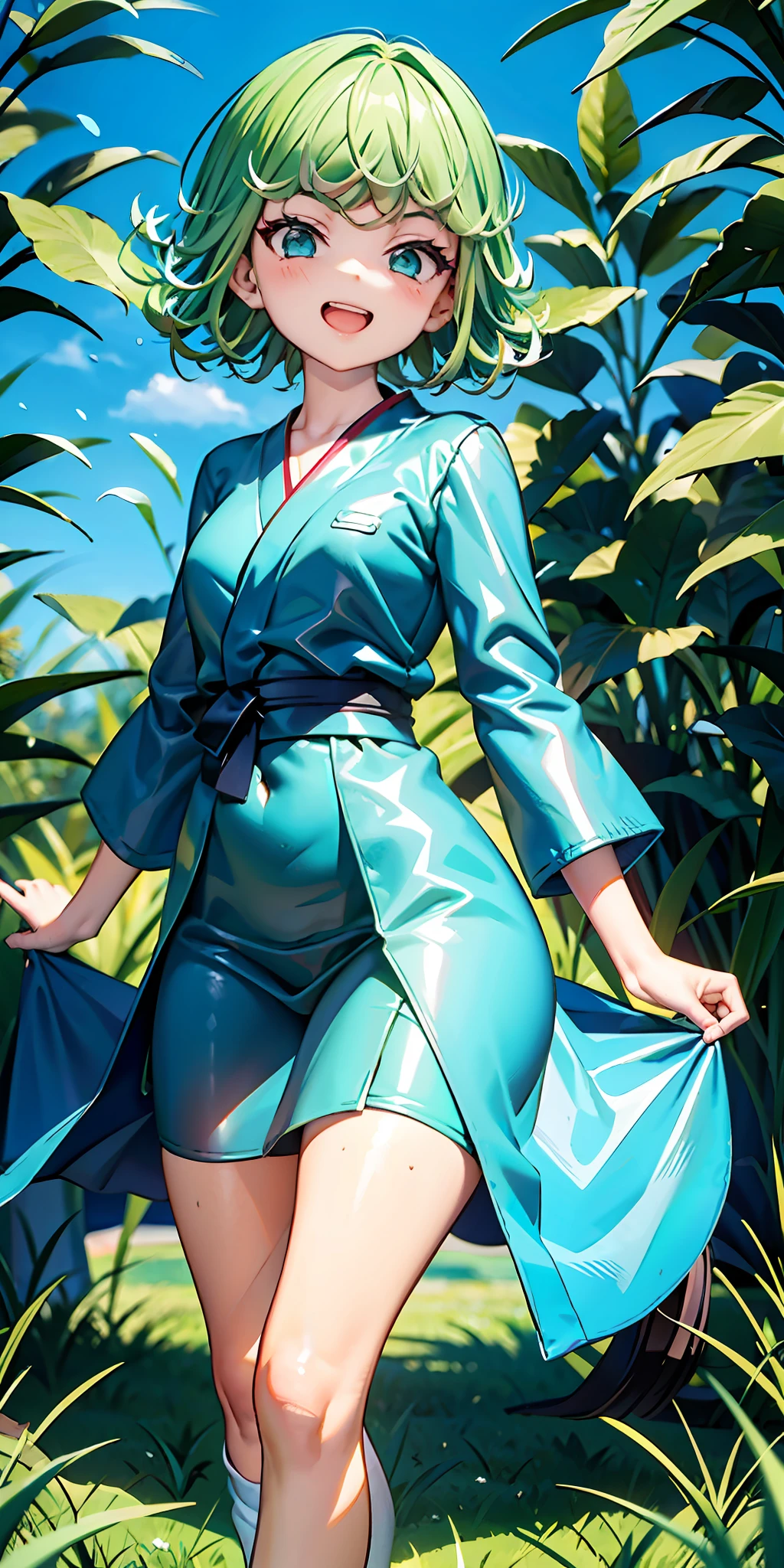 tatsumaki,Short green hair，Hip-baring robe，Grass amusement park，solid blue background，Cute loli style，having fun，Fleshy thighs