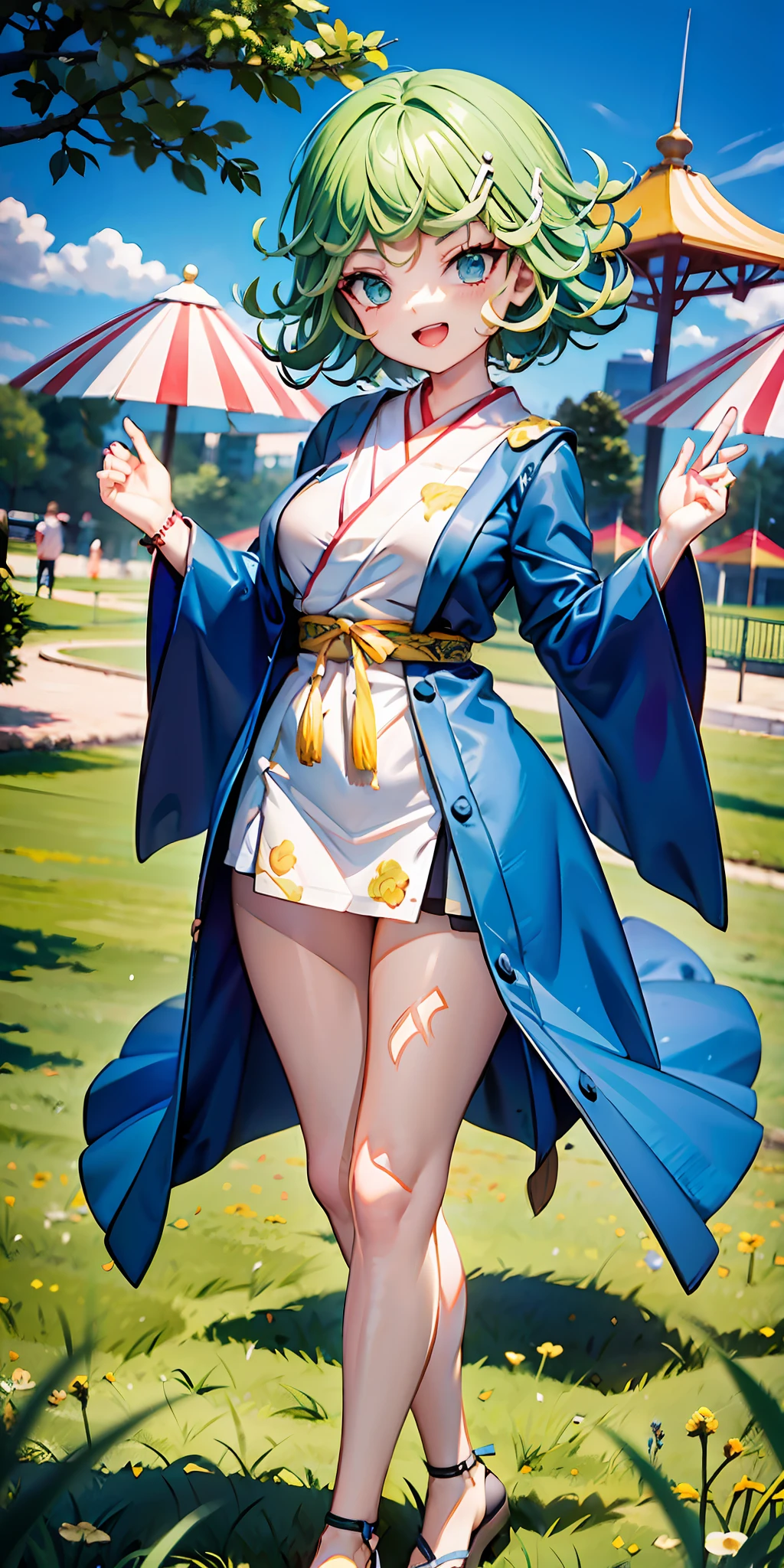 tatsumaki,Short green hair，Hip-baring robe，Grass amusement park，solid blue background，Cute loli style，having fun，Fleshy thighs