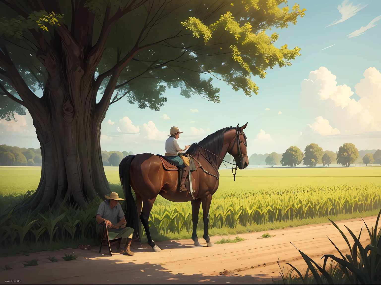 A troubled farmer in the corn field, seated under a tree, a horse nearby. --auto