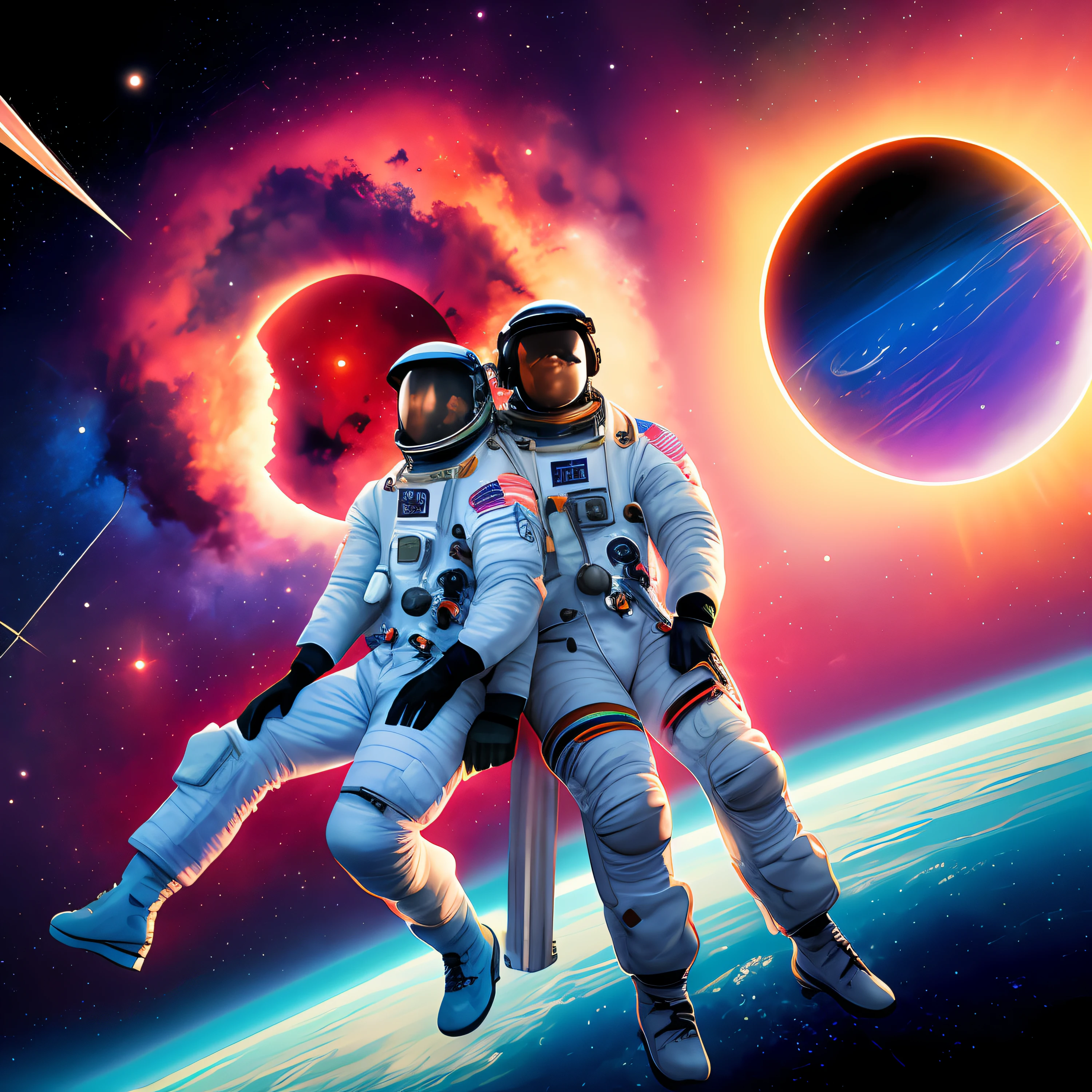 Two astronauts in space, estilo cartoon, syntwave, eclipse ao fundo, nebulosa, naves espaciais, comets crossing the sky. AESTHETIC