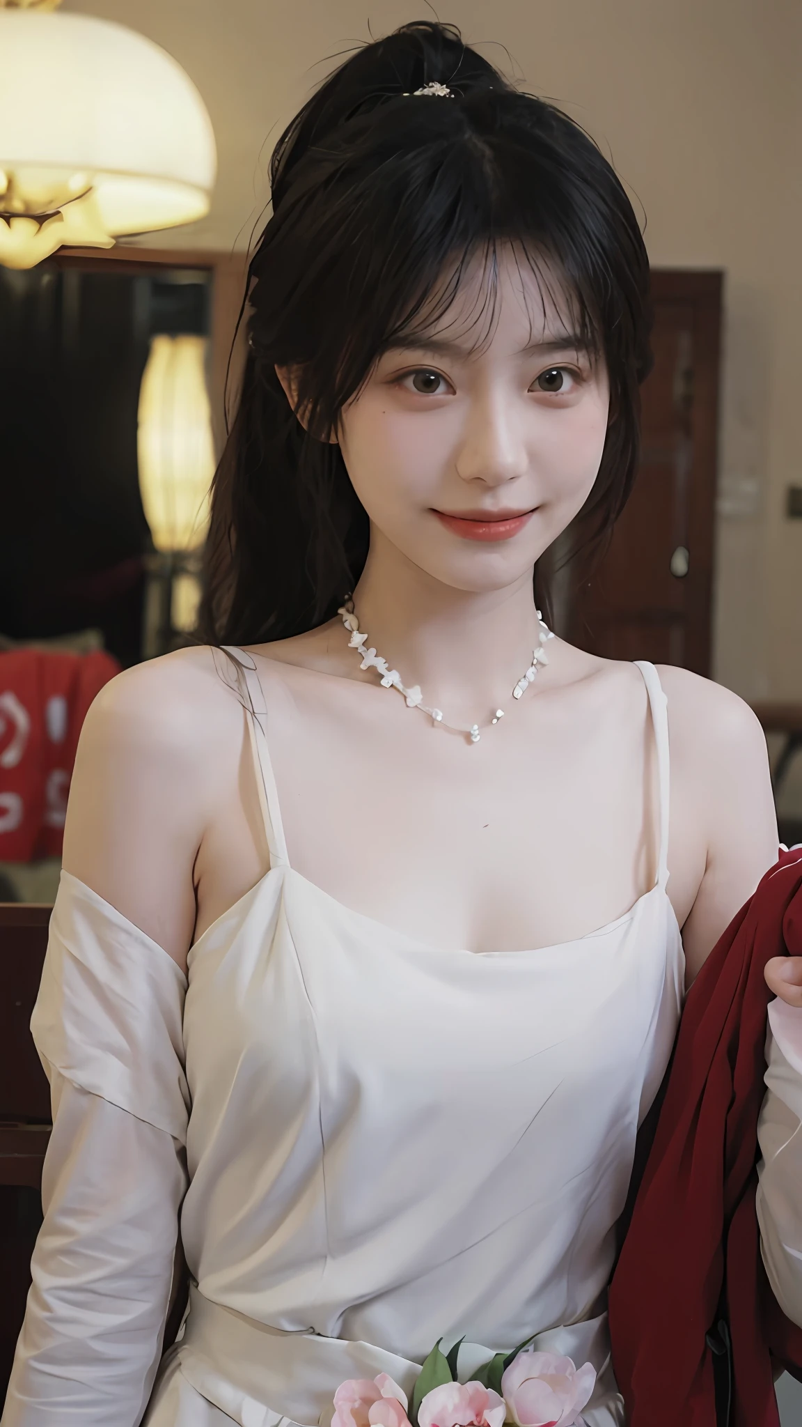 best qualtiy, 超高分辨率, (realisticlying:1.4),cute hairpin,Baoyu Girl,Stand in the wedding hall,Wearing a red wedding dress,(flatchest:1.1) ,A pair of clear and moving peach blossom eyes,Royal Sister,sunshine on face,Ponytail hairstyle,(choker necklace:1.2),(Fair skin:1.4),a sense of atmosphere,a beauty girl, Charming smile,head straight-looking at viewer, closeup cleavage ,(Photorealistic:1.4),Sexy,(Upper body:1.4),(Wet body),(:1.2)