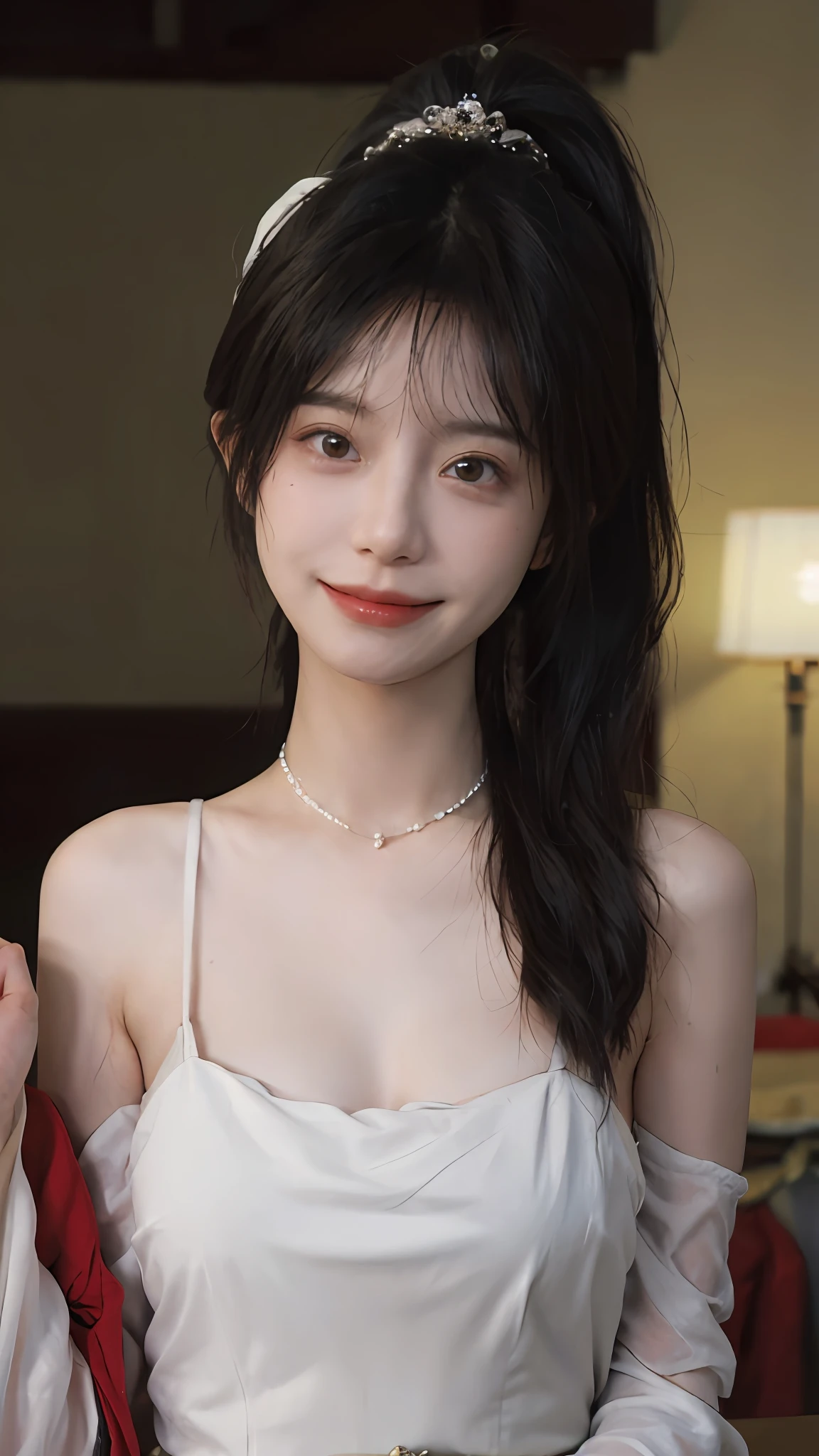 best qualtiy, 超高分辨率, (realisticlying:1.4),cute hairpin,Baoyu Girl,Stand in the wedding hall,Wearing a red wedding dress,(flatchest:1.1) ,A pair of clear and moving peach blossom eyes,Royal Sister,sunshine on face,Ponytail hairstyle,(choker necklace:1.2),(Fair skin:1.4),a sense of atmosphere,a beauty girl, Charming smile,head straight-looking at viewer, closeup cleavage ,(Photorealistic:1.4),Sexy,(Upper body:1.4),(Wet body),(:1.2)