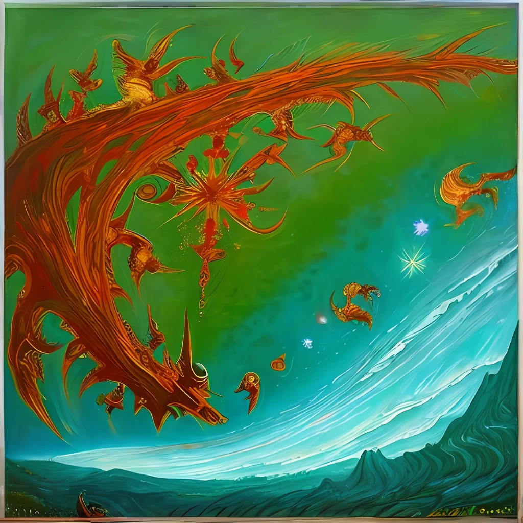 dante inferno painting style, mythological, oil painting, serene, turquoise, green,