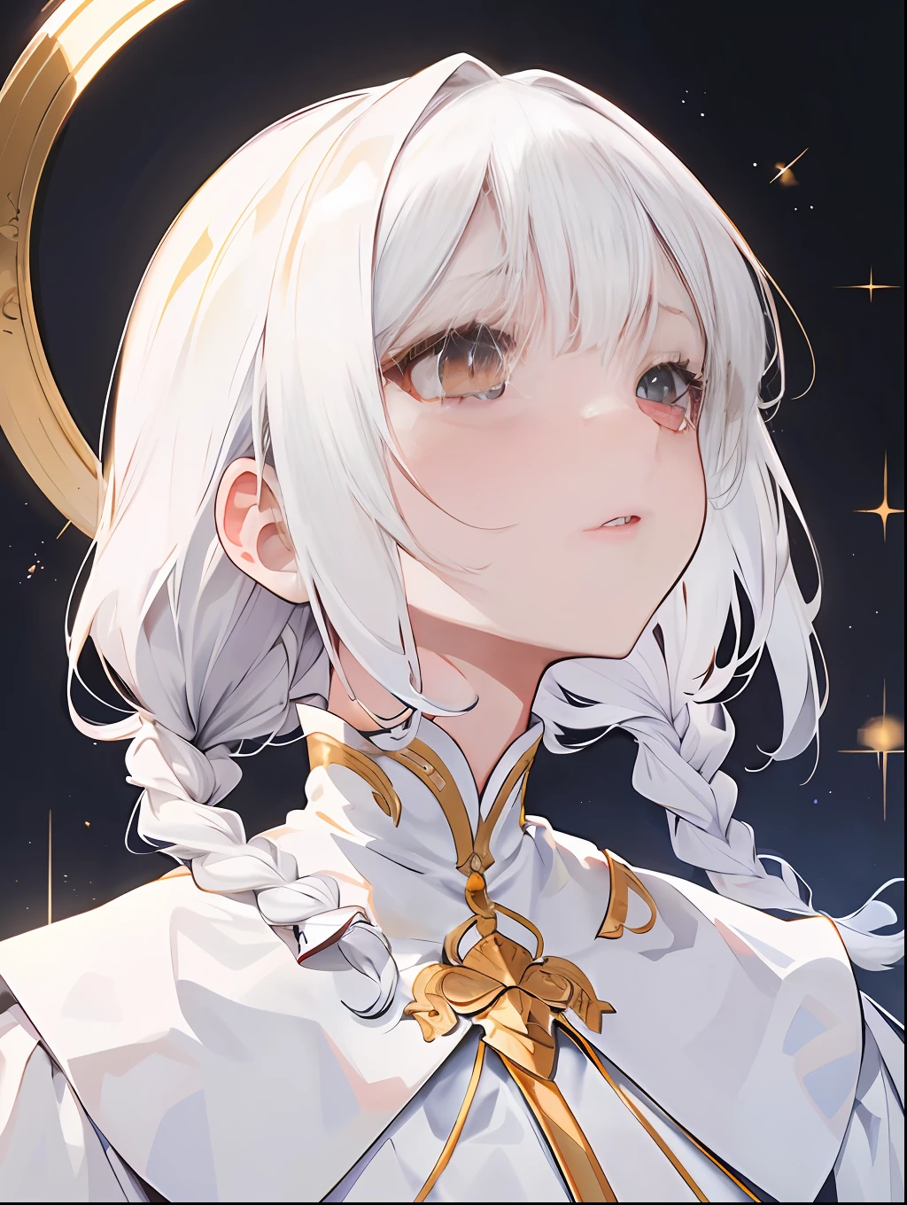 best quality, masterpiece,white hair, gold eyes,white clothes, looking up, upper body,hair strand,Fair skin,side braids