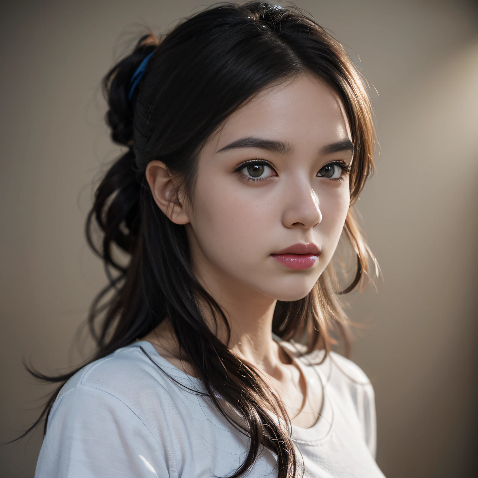 dressed, (photoreal: 1.4), (hyperreal: 1.4), (realistic: 1.3), (smooth lighting: 1.05), (improved cinematic lighting quality: 0.9), 32K, 1 girl, 20 year old girl, realistic lighting, backlit, face lights, ray tracking, (bright light: 1.2), (quality improvement: 1.4), ( Top quality realistic texture skin: 1.4), fine detailed eyes, detailed face, fine quality eyes, (tired, sleepy and satisfied: 0.0), face close-up, t-shirt, (enhance body line atmosphere: 1.1), (enhance skin texture beauty: 1.1)