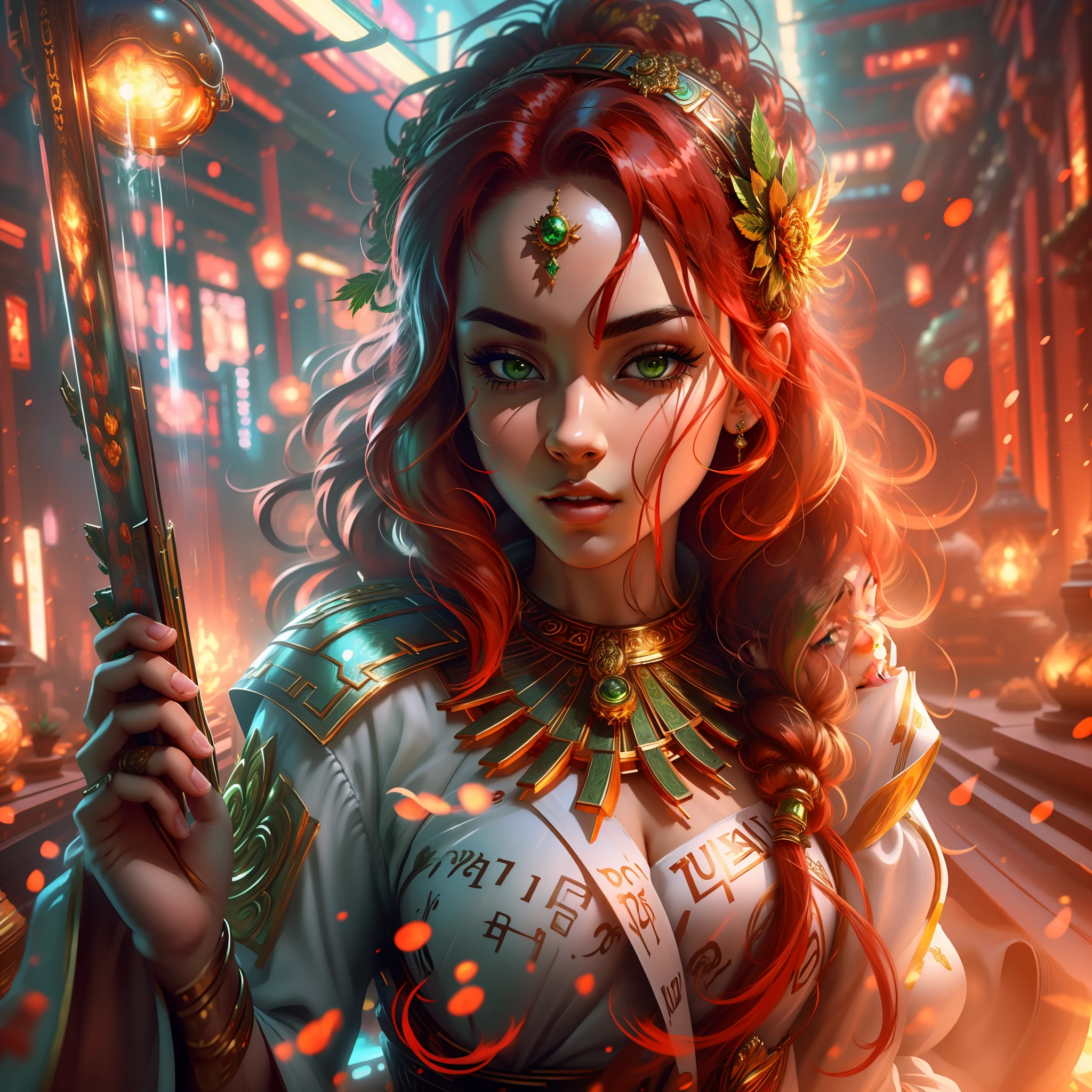 (masterpiece:1.2), original, masterpiece, best quality, official art, (extremely detailed 8k wallpaper), (extremely fine and beautiful:1.2), a girl queen of marijuana, beautiful face, red hair, green eyes, sexy pose looking hot, gold, weed, marijuana, flowers, a poster for marijuana, girl marijuana queen, short dress, concept art, sharp focus, cinematic lighting, illustration, best quality, beautiful face