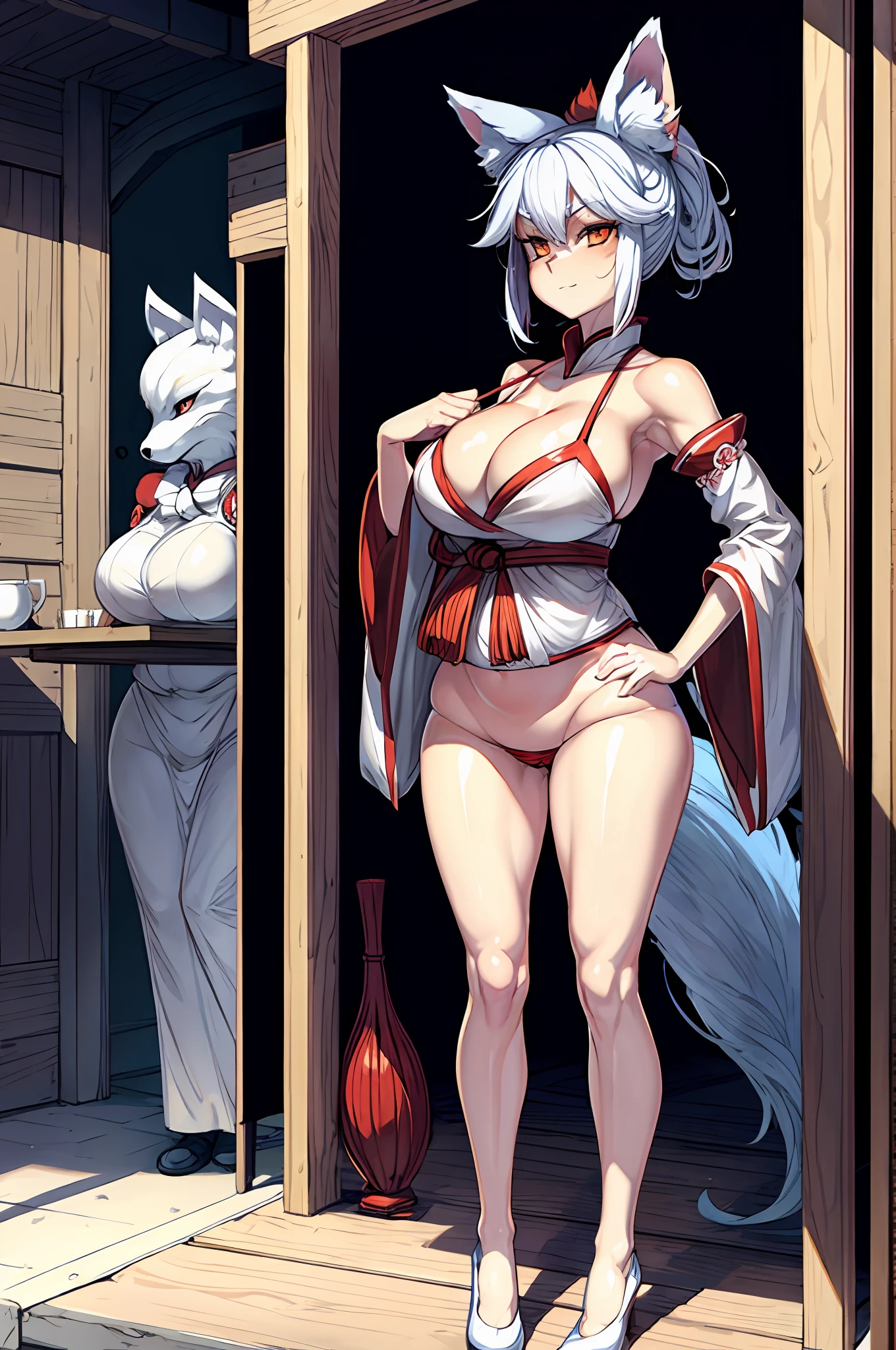 kitsune, 1tail, huge breasts, curvy