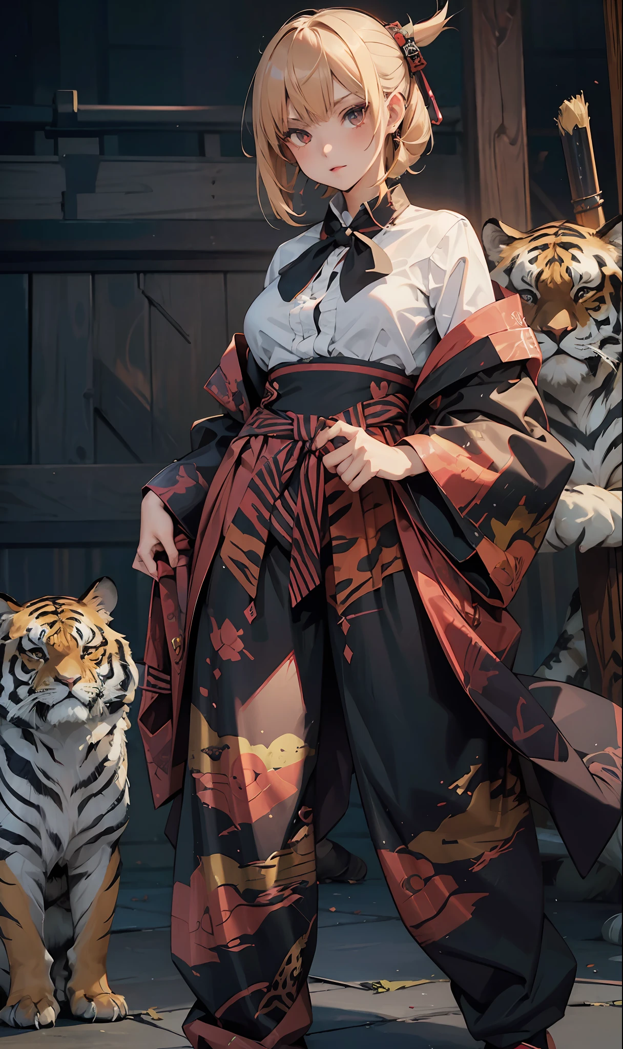 1girl, Drybrush artwork, surreal design, Dual Kawaii, Female Vampire, Samurai, wearing Sickening tiger print Palazzo pants, four colors