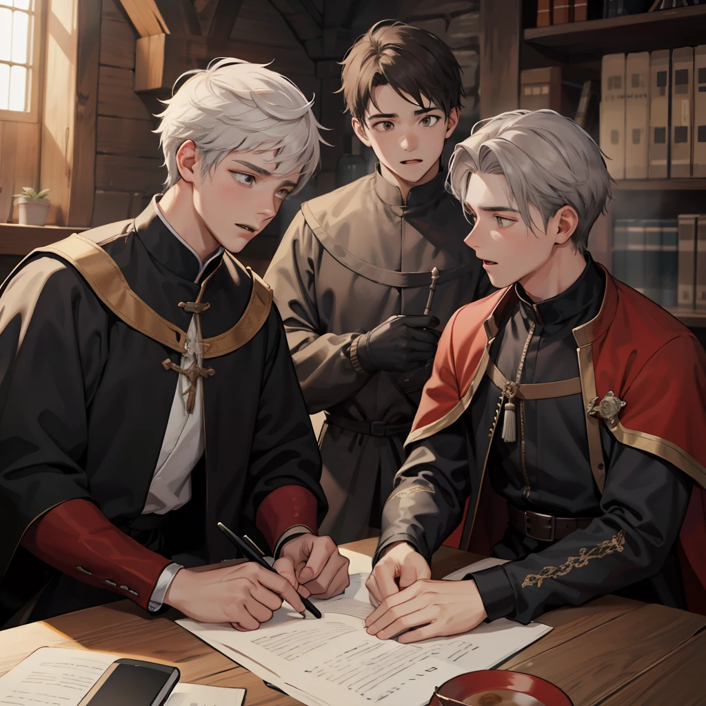 Three -yeld bowith gray hair in medieval costume are talking
