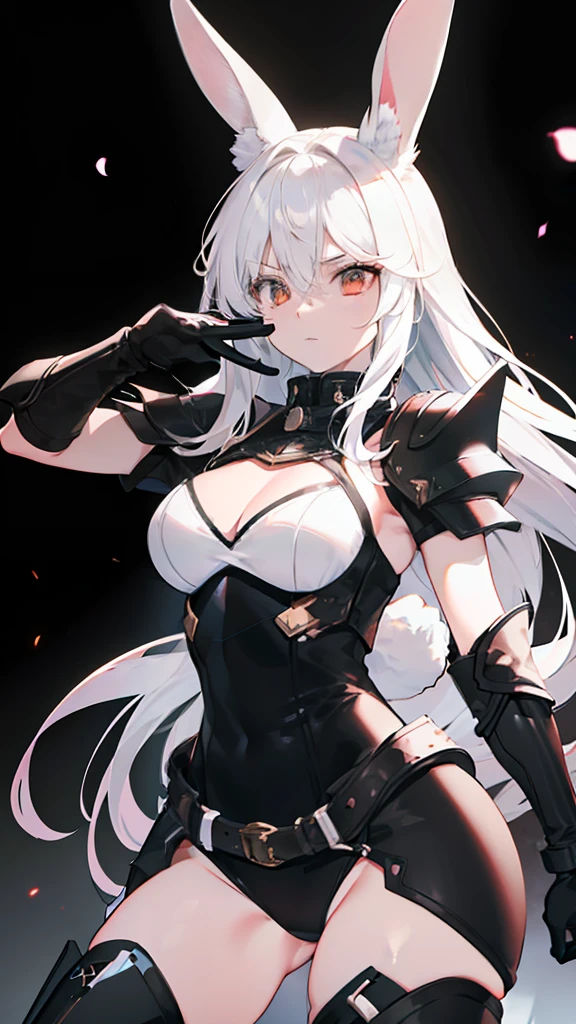highres, Adult female, ((detailed)), soft lighting, (color contrast), full body, Long white hair, brown eyes, rabbit ears, rabbit tail, fitted armor, ((black_boots, gloves)), medium breasts, brandishing a sword, on a battlefield, looking fierce, looking determined, detailed eyes, cute, toned body, sexy body