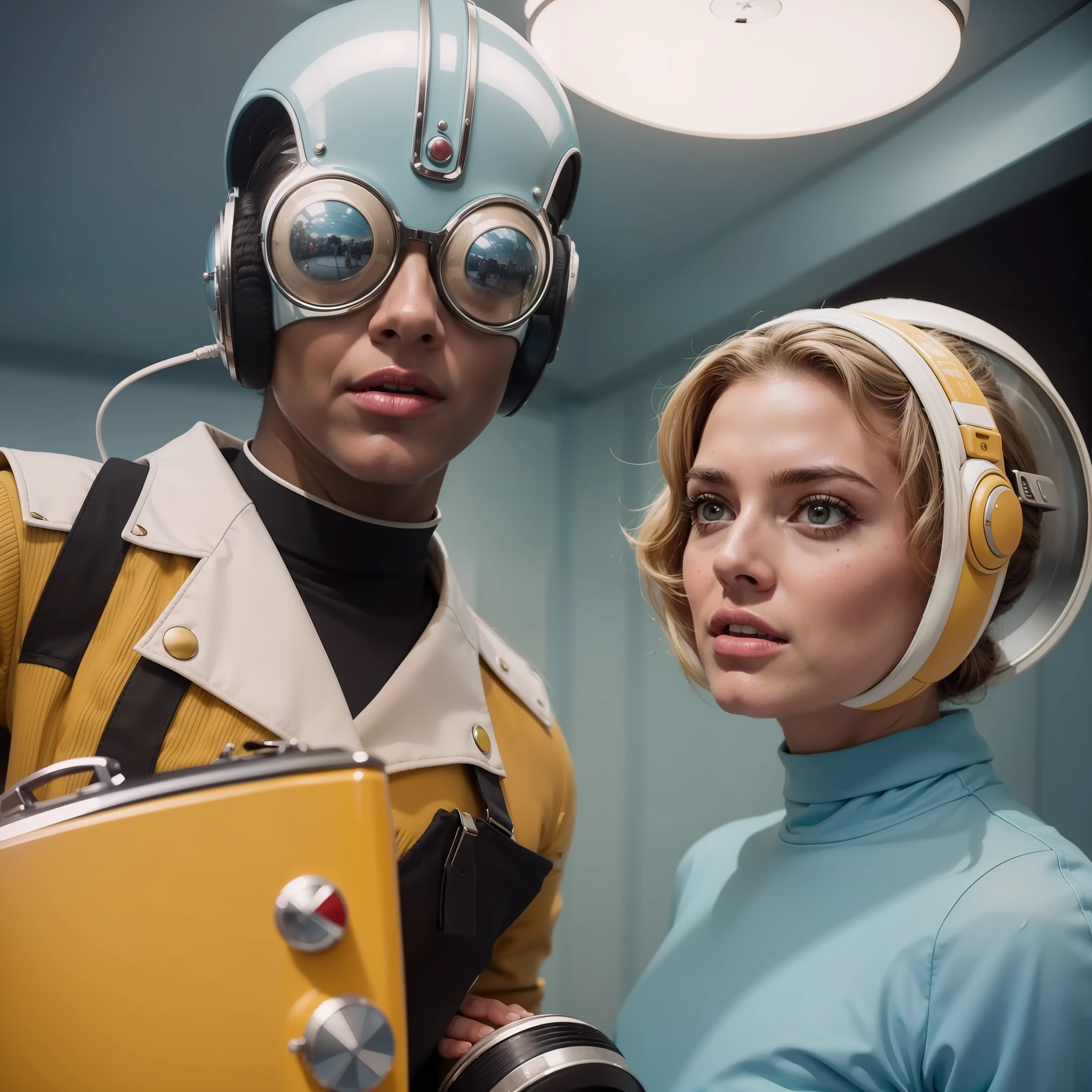 4k image from a 1960s science fiction film by Wes Anderson, Filme O Grande Hotel Budapeste, pastels colors, people wearing retrofuturistic alien masks and holding colorful suitcases and chests on the bus, Retro-futuristic fashion clothes from the 60s with old robots, Luz Natural, Psicodelia, futurista estranho, retro-futurista, photo-realistic, Sharp background details.