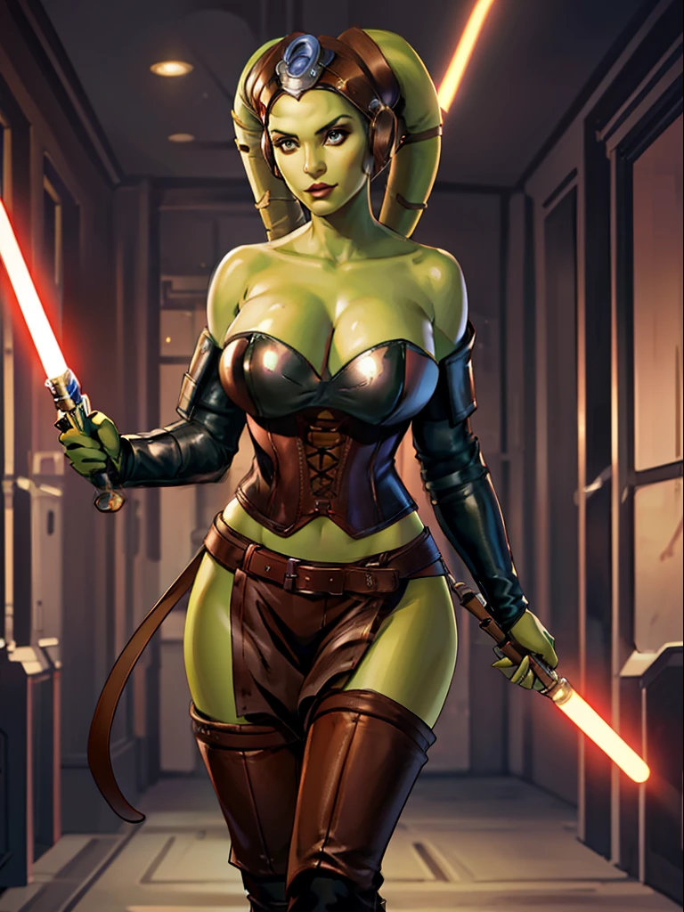 green skin, Twi'lek, lilac lightsaber, large breasts, cleavage, Jedi, brown leather, strapless corset, shoulder pad, single long sleeve, skirts, tan trousers, long boots, brown leather, buckles, straps, Star Wars,