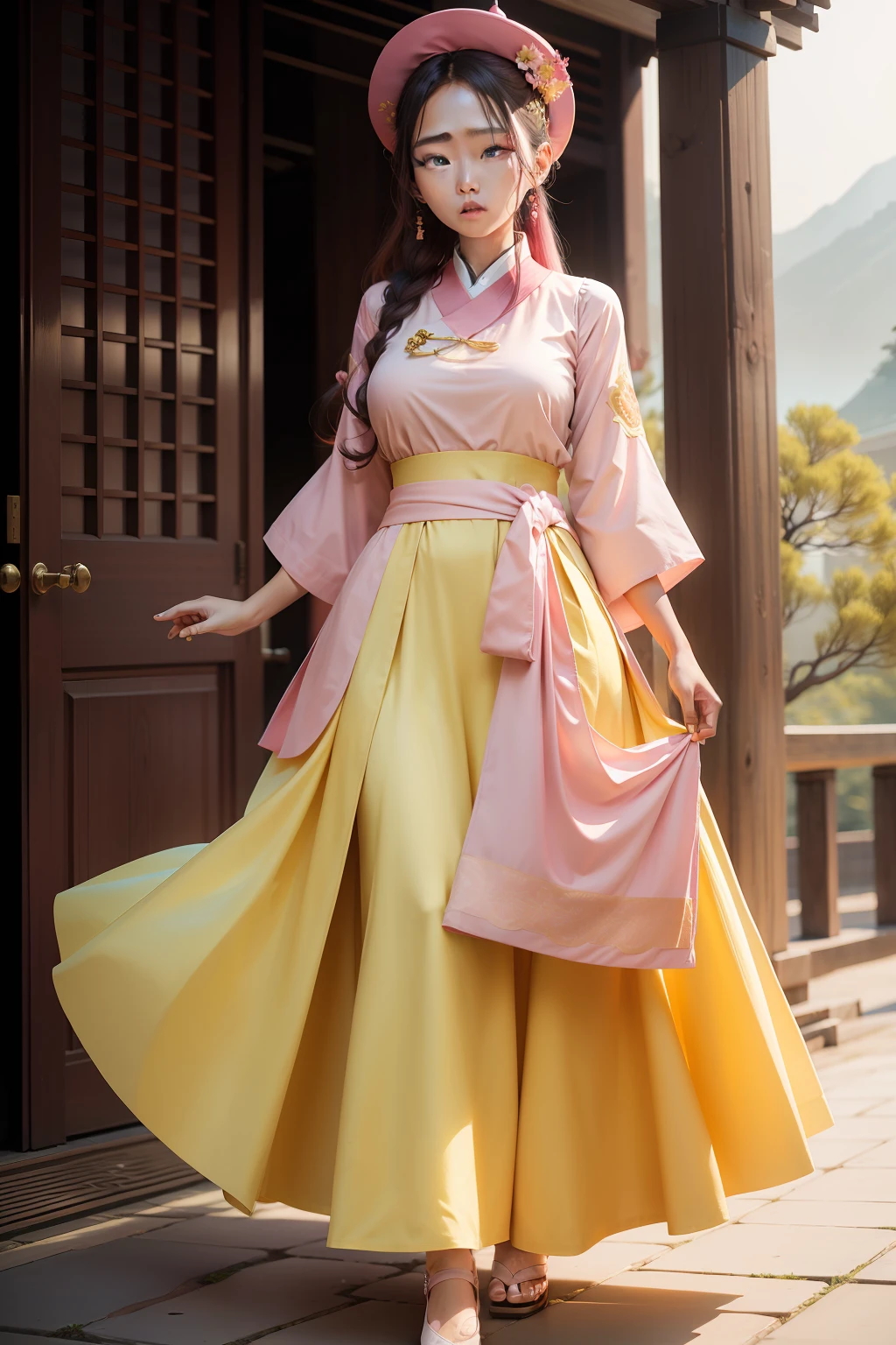 Pink top,YellowLongDress,Korean patriarch around the waist,Korean beauty
