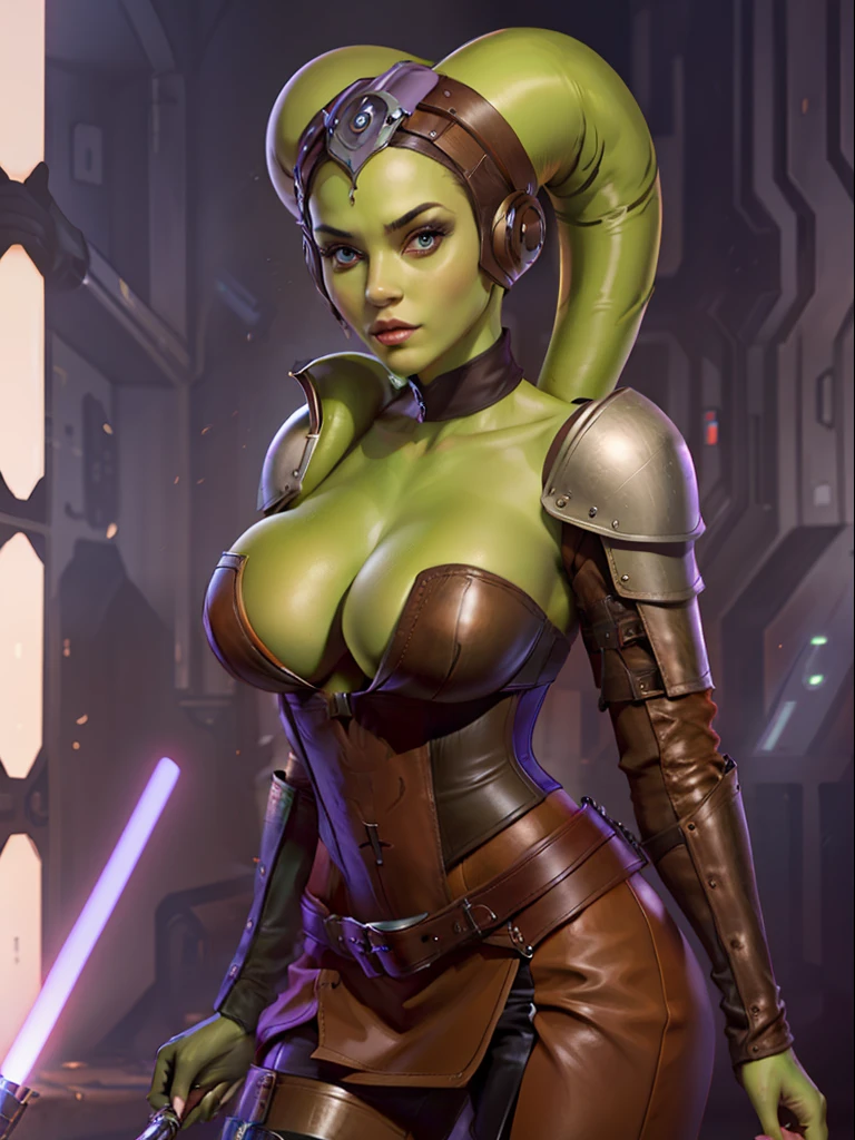 (green skin), Twi'lek, (lilac lightsaber), large breasts, cleavage, Jedi, brown leather, strapless corset, shoulder pad, single long sleeve, skirts, tan trousers, long boots, brown leather, buckles, straps, Star Wars,