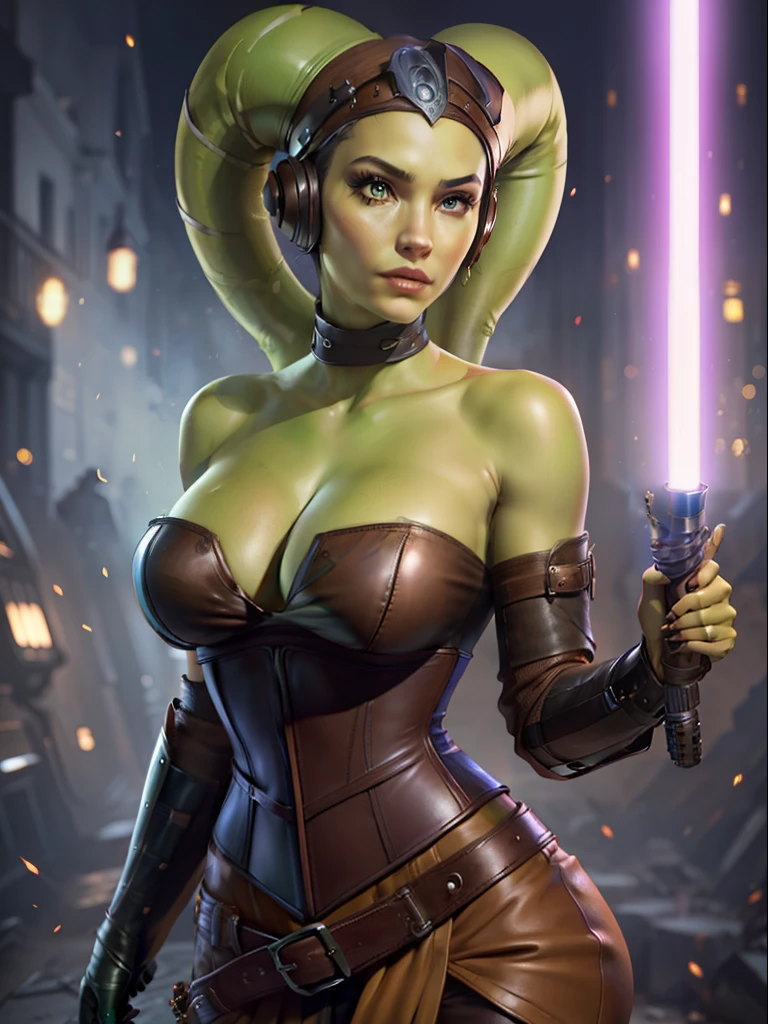 (green skin), Twi'lek, (lilac lightsaber), large breasts, cleavage, Jedi, brown leather, strapless corset, shoulder pad, single long sleeve, skirts, tan trousers, long boots, brown leather, buckles, straps, Star Wars,