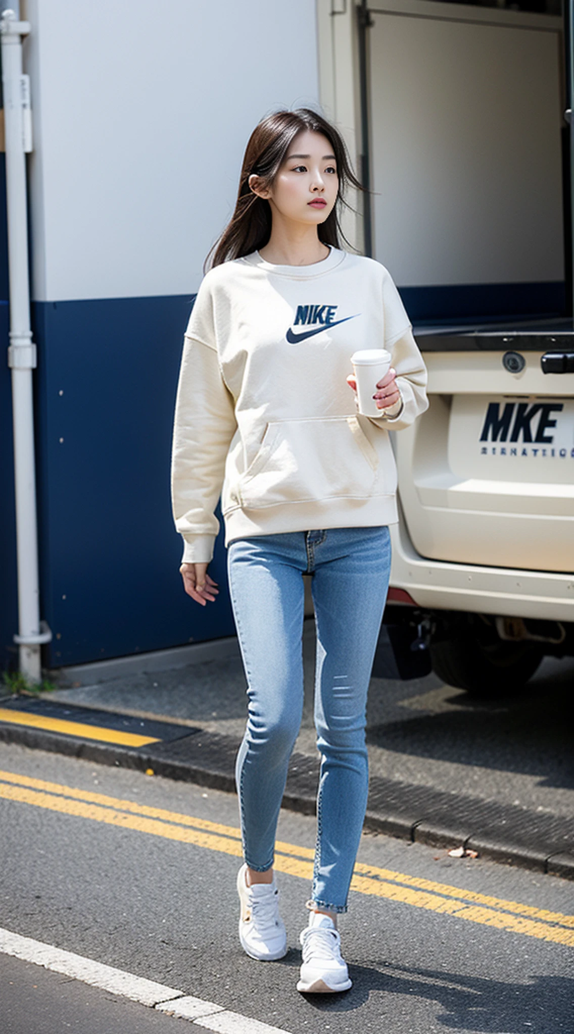 (RAW photo), 1 Korean girl, ,Pure and cute,Upper body length sweatshirt,((Skinny flared jeans)),Skinny flared pants,(Nike sneakers),school ground,Legs straight,A cup,smallunderboob,Thin leg,The legs are thin,Skinny,,The thighs are as thin as the calves,Skinny,being thin,比基尼,Small chest,Poor milk,Less fabric,Pure and cute,There are moles on the body,High skin detail,((Height 1 meter 7)),Short upper body,Lower body length,((Face away from the camera)),Facing away,Face away from the camera,Look into the distance,Cocked buttocks,(Full body photo),self-shot