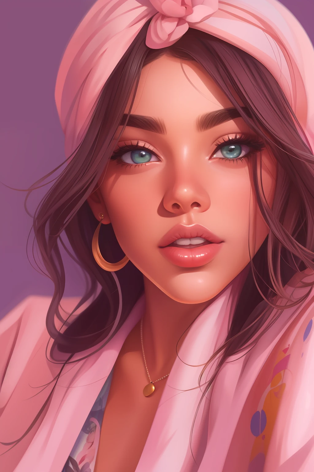 uma pintura de uma mulher com um turbante rosa e um colar, trending on artstration, Cartoon style illustration, in illustration style digital, pintura realista da menina bonito, digital illustration portrait, Epic portrait illustration, estilo de arte dos desenhos animados, estilo de arte impressionante, pintura digital dos desenhos animados, Madison Beer Girl Retrato, Beautiful digital illustration, arte dos desenhos animados, realistic digital illustration