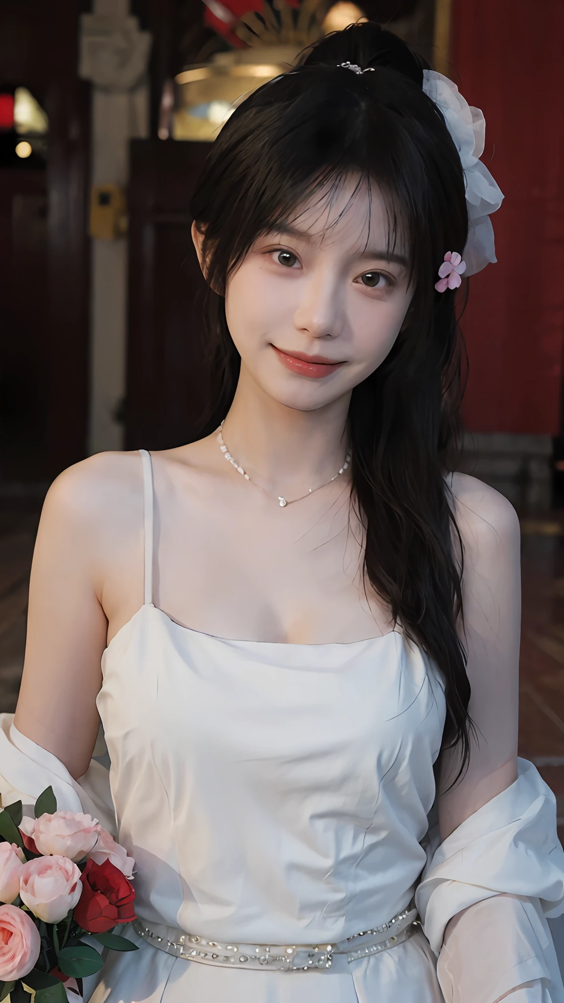 best qualtiy, 超高分辨率, (realisticlying:1.4),cute hairpin,Baoyu Girl,Stand in the wedding hall,Blushlush,Wearing a red wedding dress,(flatchest:1.1) ,A pair of clear and moving peach blossom eyes,Royal Sister,sunshine on face,Ponytail hairstyle,(choker necklace:1.2),(Fair skin:1.4),a sense of atmosphere,a beauty girl, Charming smile,head straight-looking at viewer, closeup cleavage ,(Photorealistic:1.4),Sexy,(Upper body:1.4),(Wet body),(:1.2)