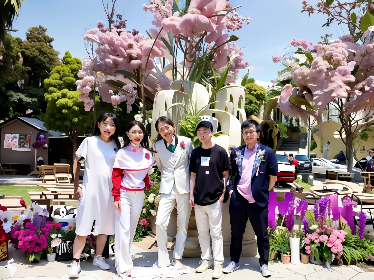 Several people stand in front of the flower show，A man in a suit, festivity, Wedding, height of 165cm, From left, 155 cm tall, bridegroom, Group photo, ron english and eiichiro oda, jia, Masterpiece works of art, tang mo, Background with, Middle metaverse, Ceremony, band, chinese artist