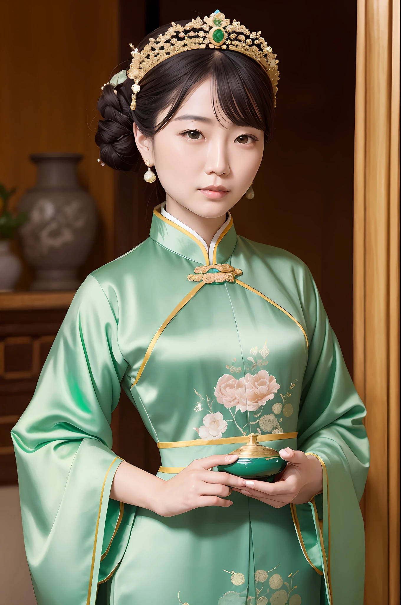 A Chinese noblewoman holds a fine jade vase in both hands，on the chest，Realistic characters