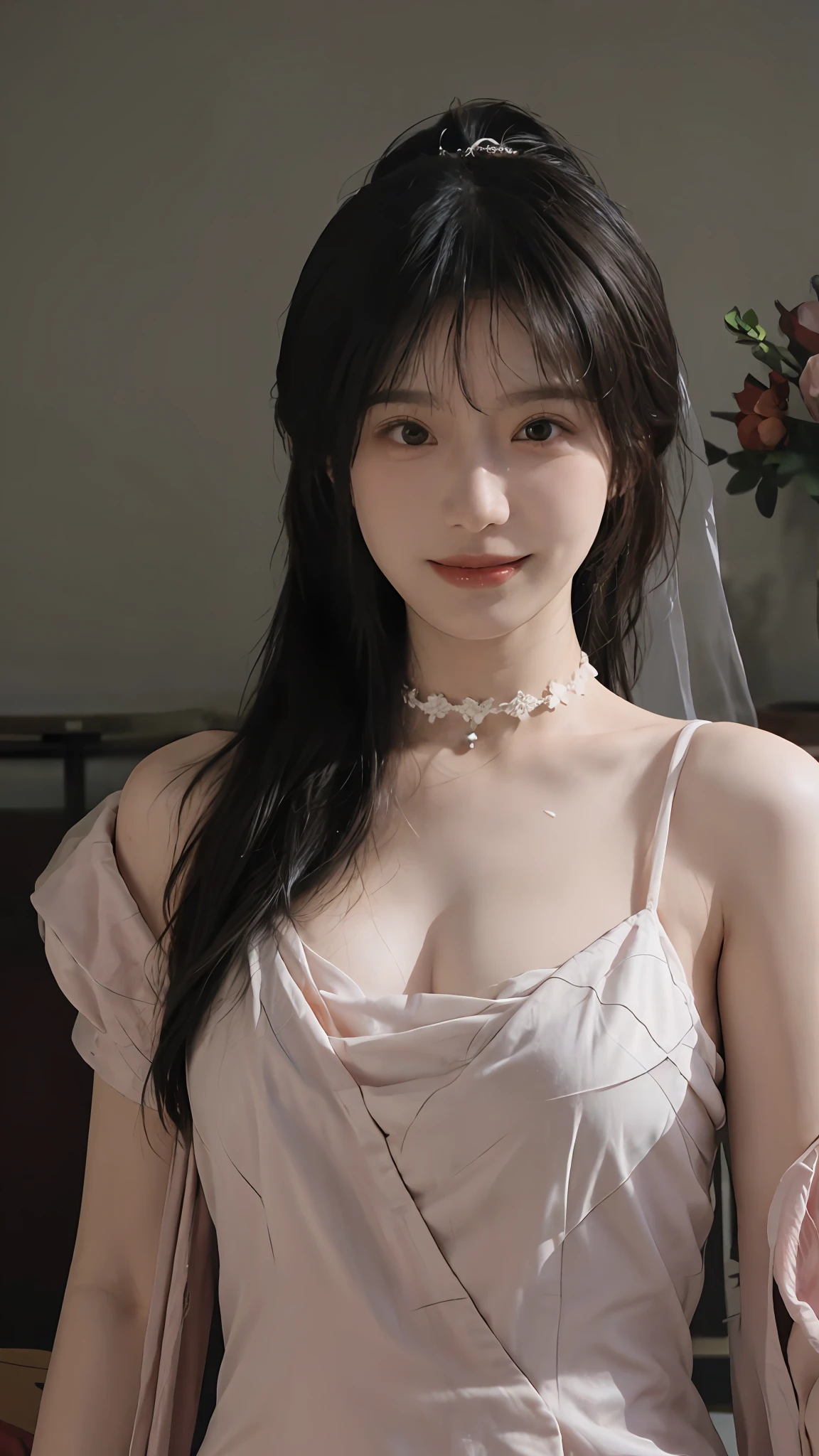 best qualtiy, 超高分辨率, (realisticlying:1.4),cute hairpin,Baoyu Girl,Stand in the wedding hall,Blushlush,Wearing a red wedding dress,(flatchest:1.1) ,A pair of clear and moving peach blossom eyes,Royal Sister,sunshine on face,Ponytail hairstyle,(choker necklace:1.2),(Fair skin:1.4),a sense of atmosphere,a beauty girl, Charming smile,head straight-looking at viewer, closeup cleavage ,(Photorealistic:1.4),Sexy,(Upper body:1.4),(Wet body),(:1.2)