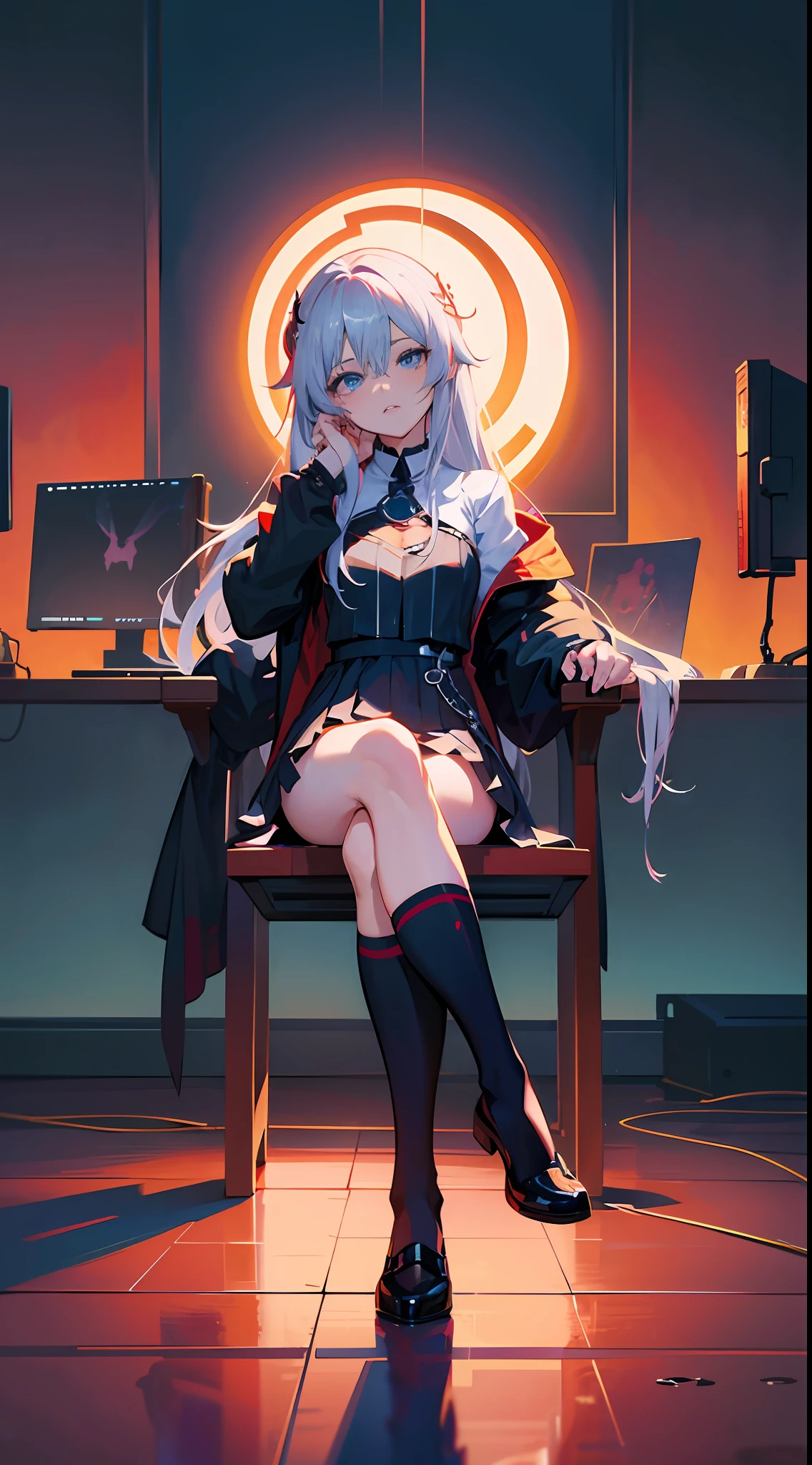 Anime girl sitting in chair,legs crossed, trending on artstation pixiv, Guweiz in Pixiv ArtStation, Digital art on Pixiv, Guweiz on ArtStation Pixiv, trending on cgstation, Kushatt Krenz Key Art Women, zerochan art, Best Rated on pixiv, Pixiv style, Anime art wallpaper 8 K --auto