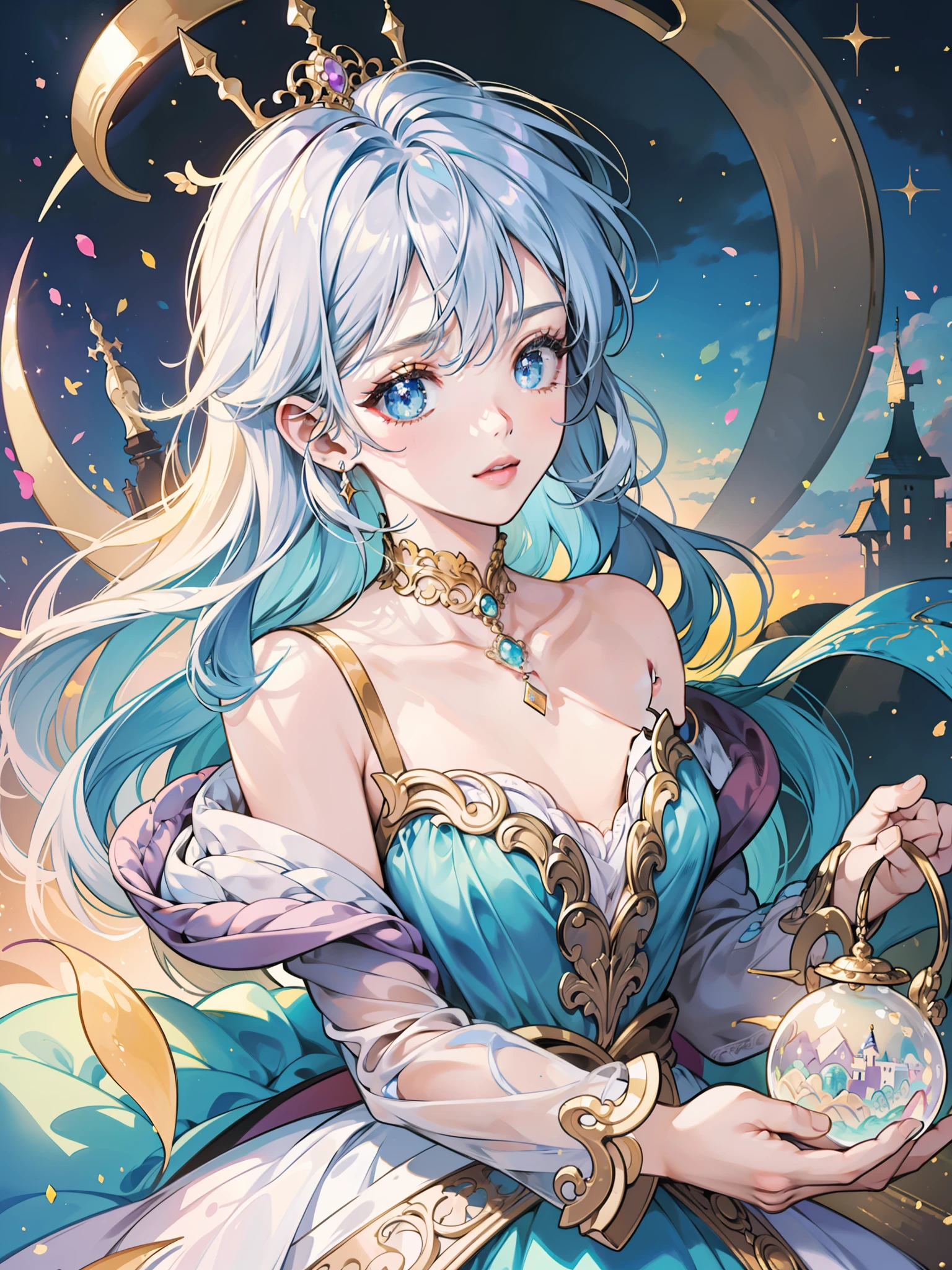 masterpiece, best quality, 8k resolution, sharp focus, intricate detail, beautiful girl, sparkling eyes, golden ratio face, otherworldly liquid, watercolor, ((pastel colors)), bright colors, whimsical, colorful, sharp focus, high resolution, fine detail, princess fantasy ballgown, ((round eyes)), iridescent bubbles, castle landscape in background