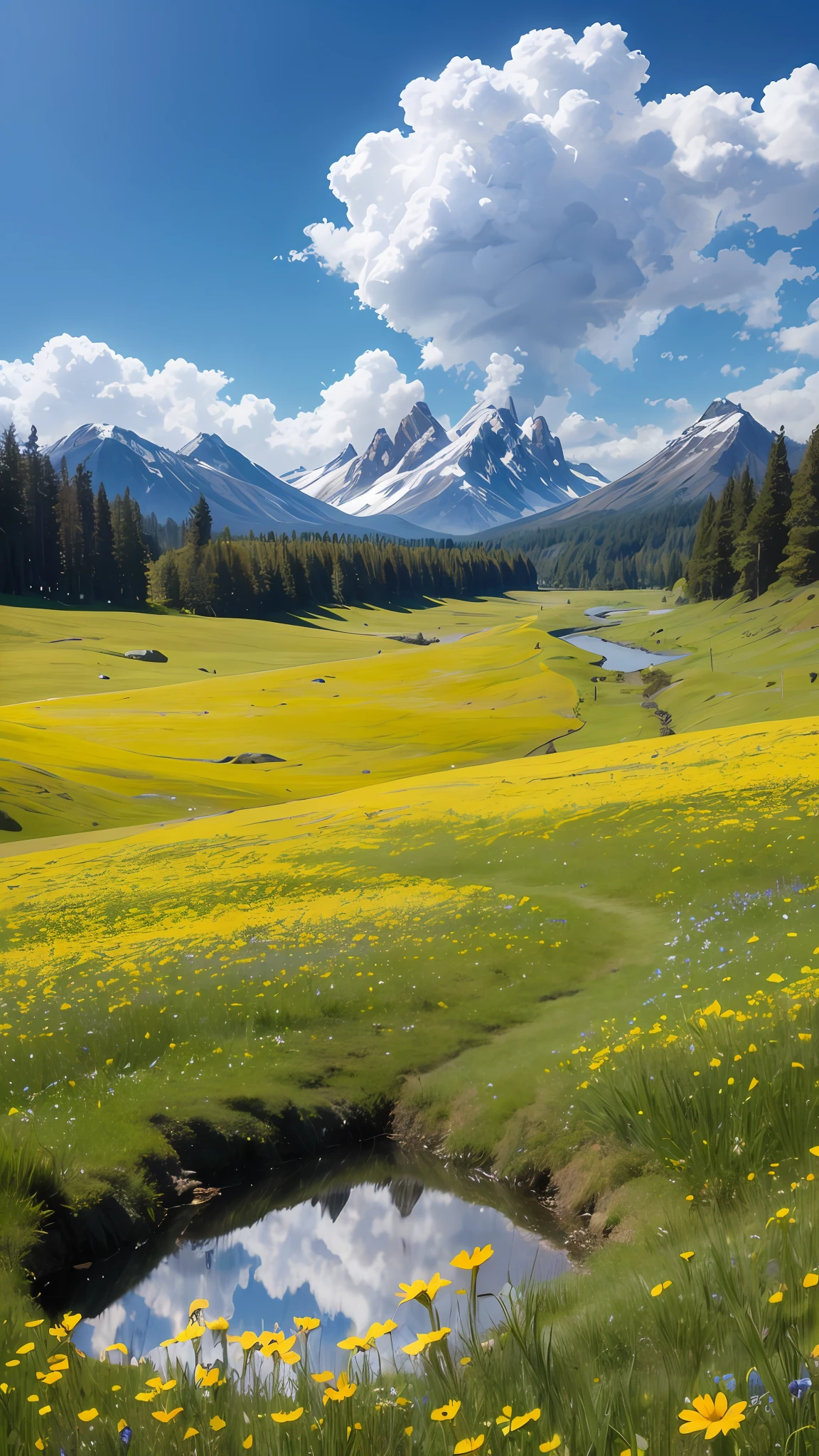 夏天, Prados, algumas flores pequenas, Lagos claros, heaven, grandes nuvens, blue skies, Clima quente, Detalhes do HD, Detalhes, cinemactic, Surrealismo, luz suave, Foco de Campo Profundo Bokeh, distant views are snowy mountains, Ray Tracing e Surrealismo. --v6