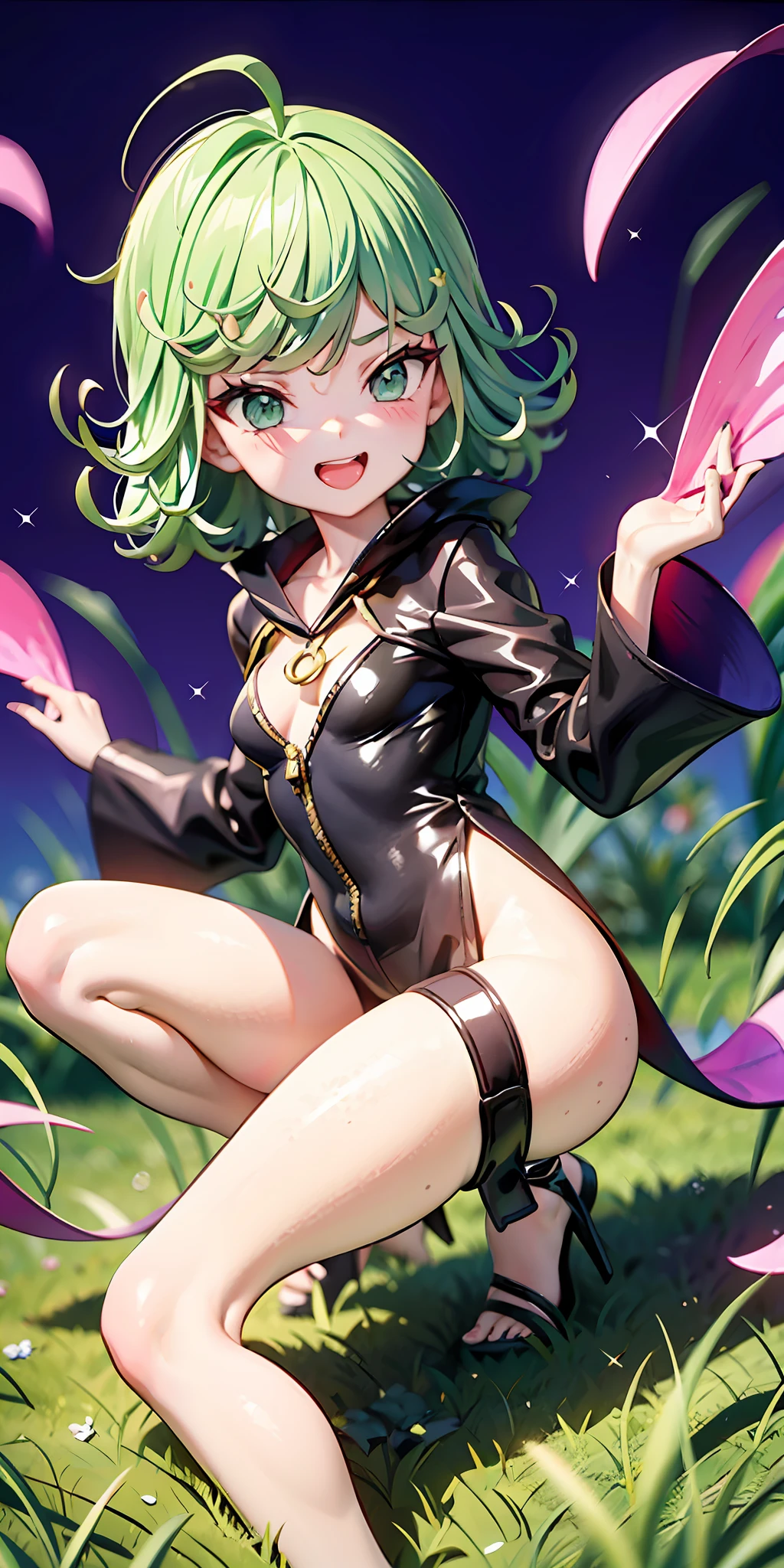 tatsumaki,Short green hair,black toga,Grass amusement park,Pure purple background,Cute style,having fun,Fleshy thighs