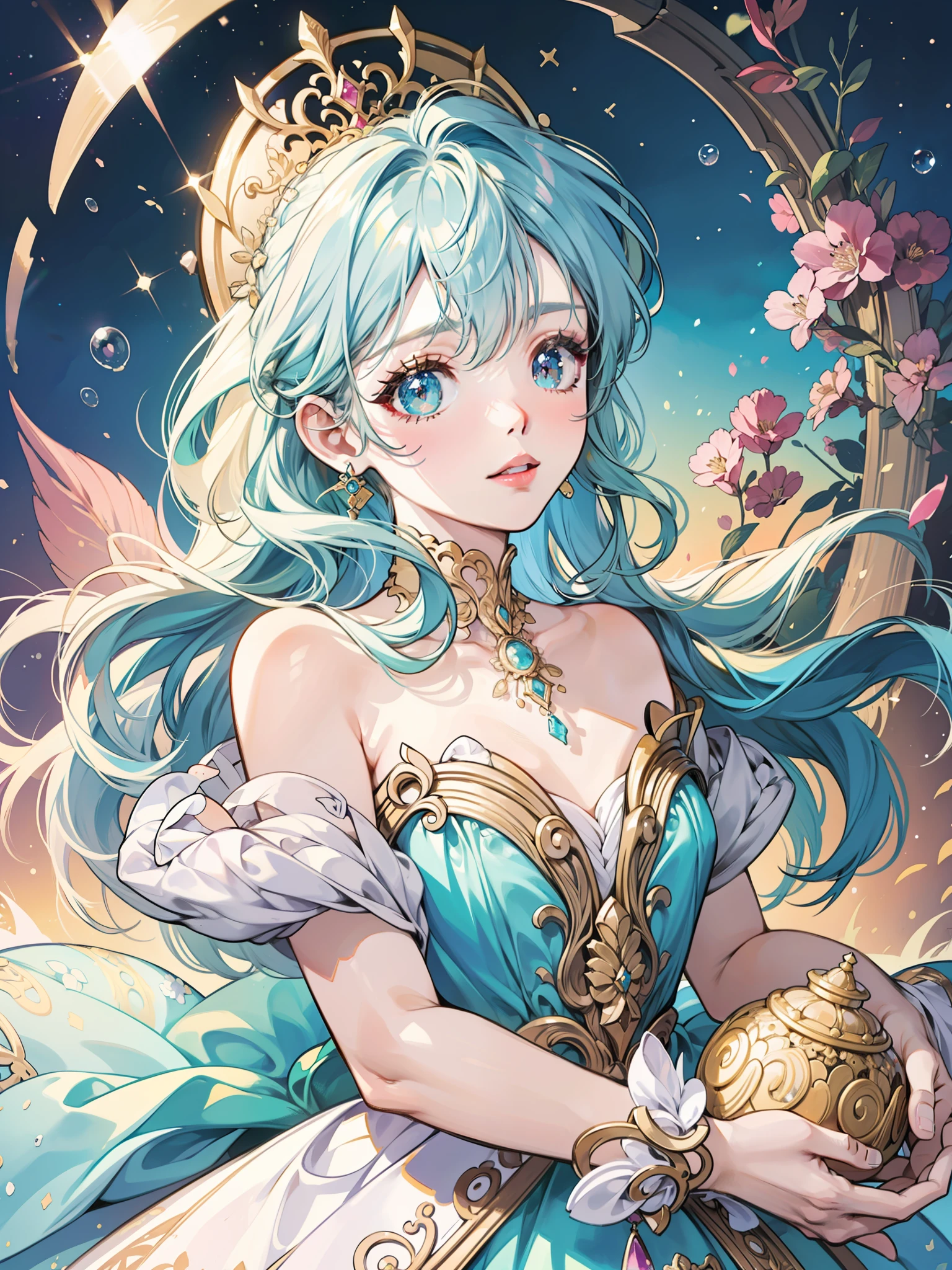 masterpiece, best quality, 8k resolution, sharp focus, intricate detail, beautiful girl, sparkling eyes, golden ratio face, otherworldly liquid, watercolor, ((pastel colors)), bright colors, whimsical, colorful, sharp focus, high resolution, fine detail, princess fantasy ballgown, ((round eyes)), iridescent bubbles, castle landscape in background