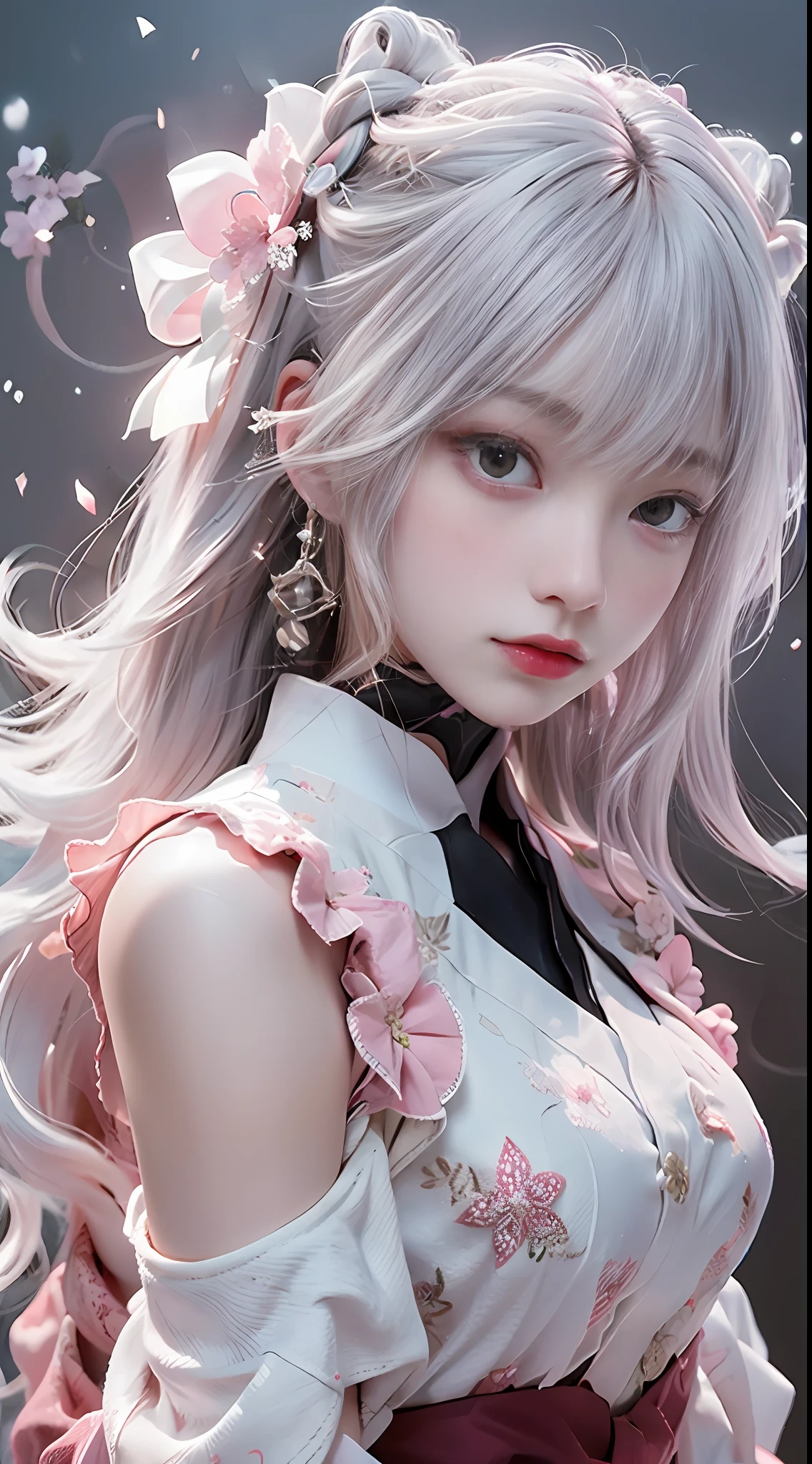 （（best qualtiy））， （（tmasterpiece））， （detail：1.4）， Beautiful cyberpunk Japan woman image，sixteen years old，(Photograph the whole body)，nffsw（HighDynamicRange），Ray traching，NVIDIA RTX，Hyper-Resolution，illusory 5，Sub-surface scattering，PBR Textures，post processed，Anisotropy Filtering，depth of fields，maximum definition and sharpness，multi-layer texture，Albedo e mapas Speculares，Surface Coloring，Mitsu-Accurate simulation of material interactions，Perfectly proportioned，rendering by octane，Two-colored light，Large aperture，Low ISO，White Balance，Rule three points、8K raw data、Beautiful bright red pupils，Off-the-shoulder clothing，shrine maiden clothe，Crimson Hakama，Pink gradient on pure white hair，Delicate face and eyes，with round face,　drooing eyes,　long eyelasher，Blushlush，Delicate and fluffy hair，lip，pure，Cute face，Sweet girl，Artistic sense，Casual wear，Advanced Sense，Snowflake，flower petals，Snowflake,　Briar snow background,　Beautiful Hair Accessories，long hair and waist，Hair fluttering in the wind，Snow White cat ears,　Curly