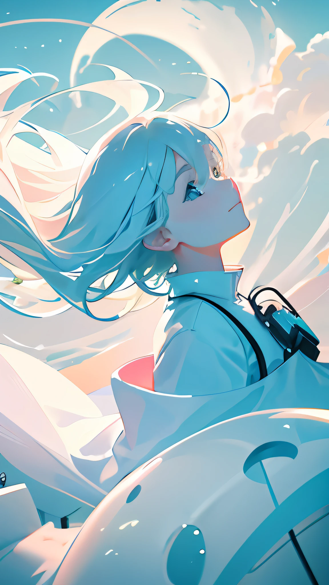 masterpiece, best quality, movie still, 1girl, floating in the sky, cloud girl, cloud, (close-up:1.1), bright, happy, fun, soft lighting, (Bauhaus, shapes, lines, abstract:1.1)