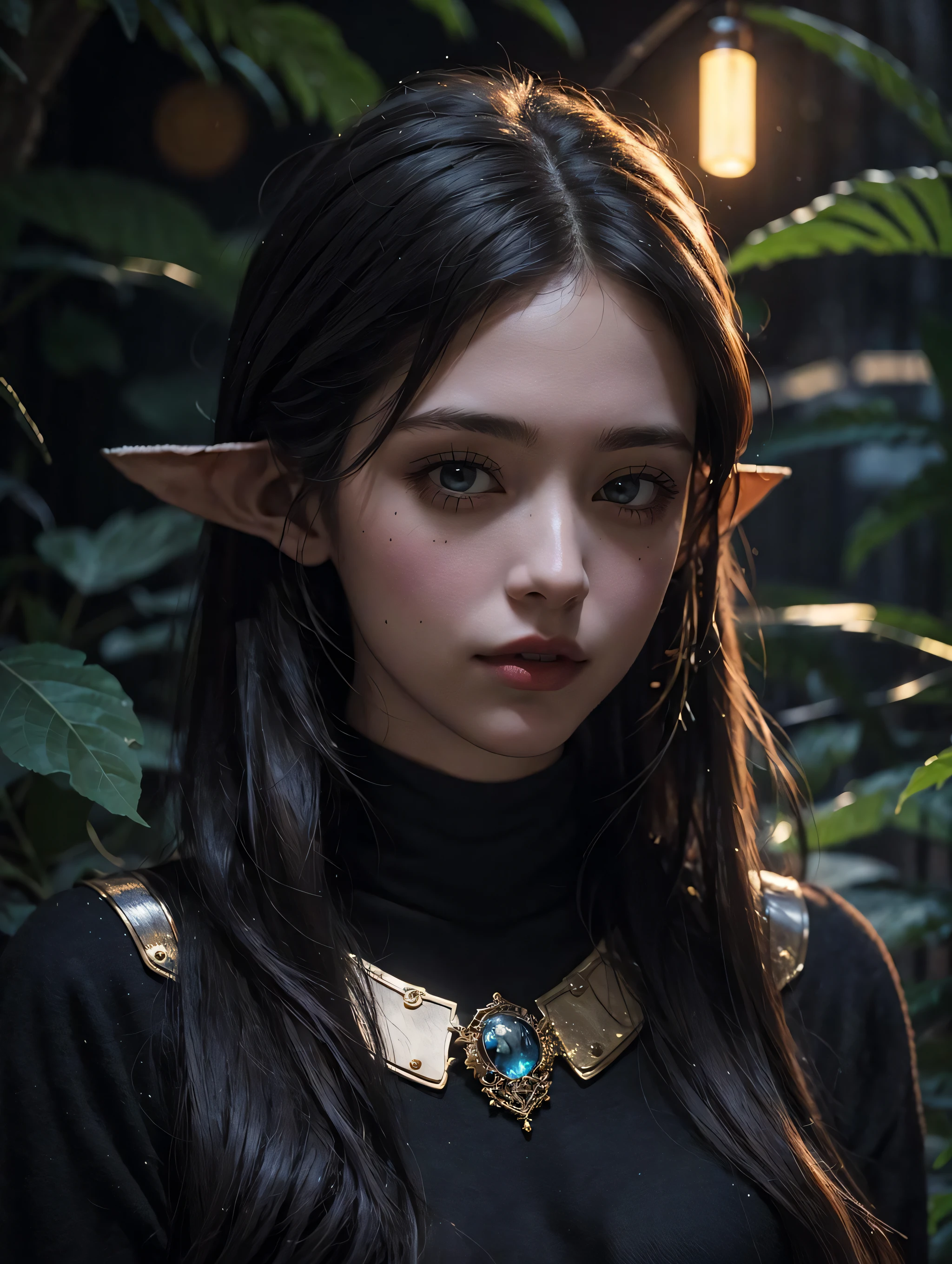 1girl, solo, official art, unity 8k wallpaper, ultra detailed, beautiful and aesthetic, masterpiece, best quality, photorealistic, elf, glowworm, in the wood of (firefly:1.3), bonfire, dark theme