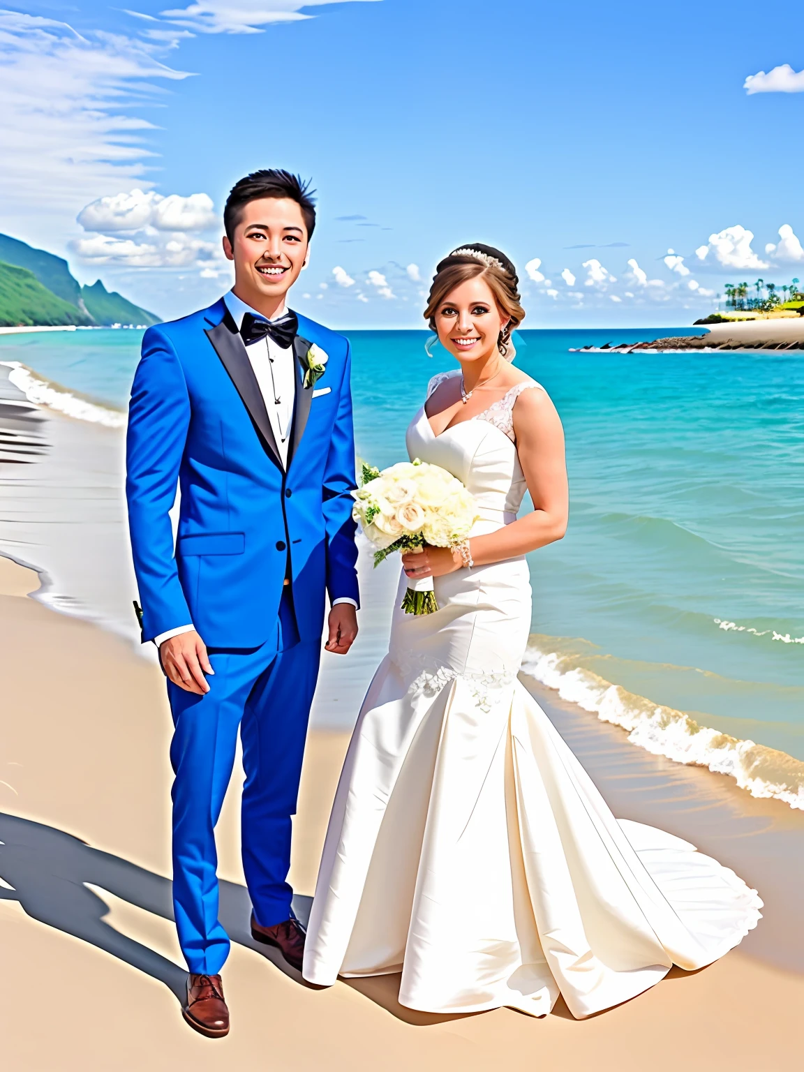 A pair of handsome guys and beautiful women take wedding photos，Beautiful sandy beach in the background，Blue sky，k hd，8K,wall-paper