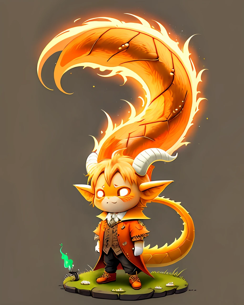 An orange leprechaun has two long ivory white horns with wings and a dragon's tail its skin color is orange and black on its body it has thorns, and it depicts a fire on its hands it stands on its feet and it short It looks pretty funny and cute