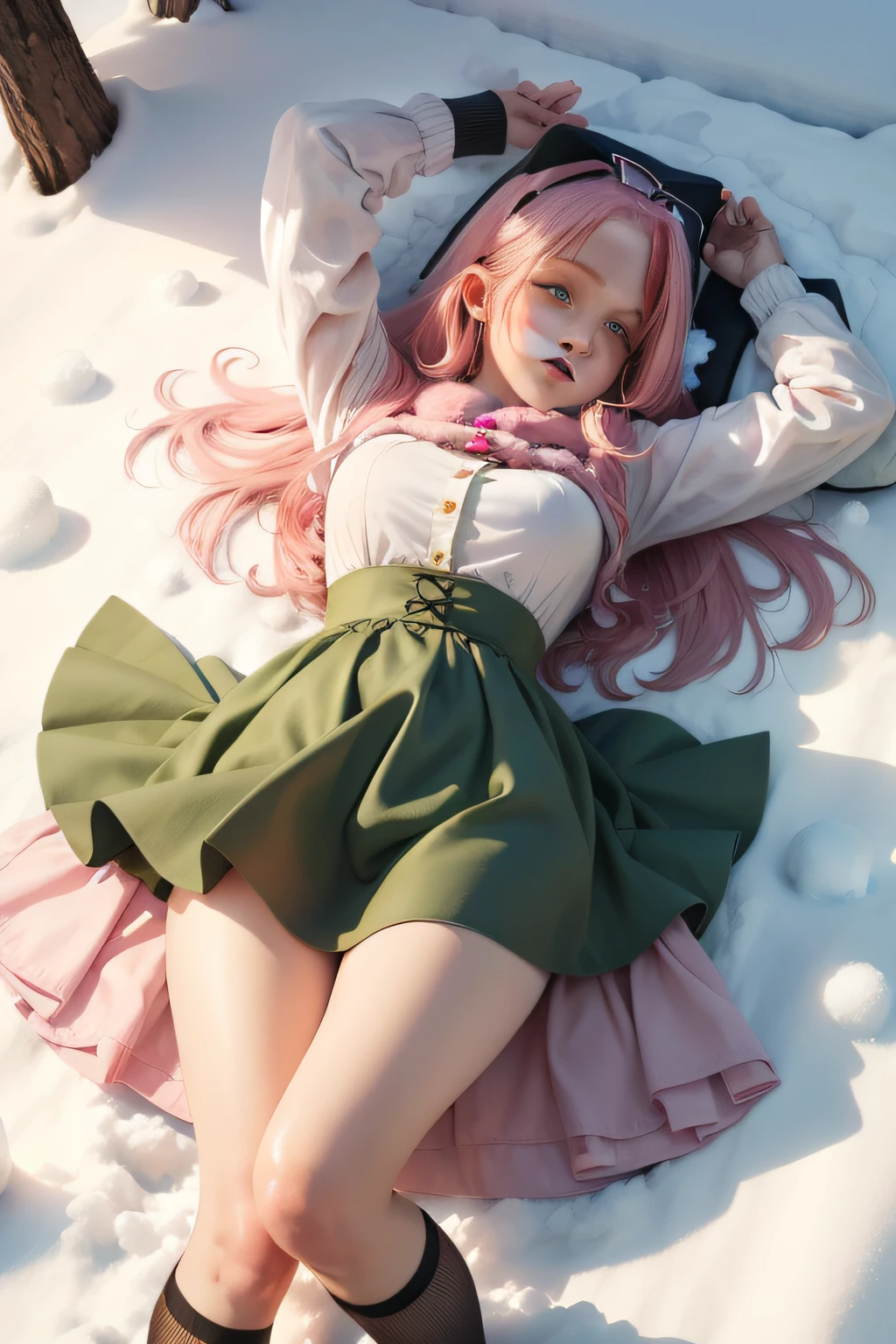 adolable，dolce，manage，A pink-haired，Green skirt，ssmile，High picture quality，Lying on the snow，Dress a little scantily