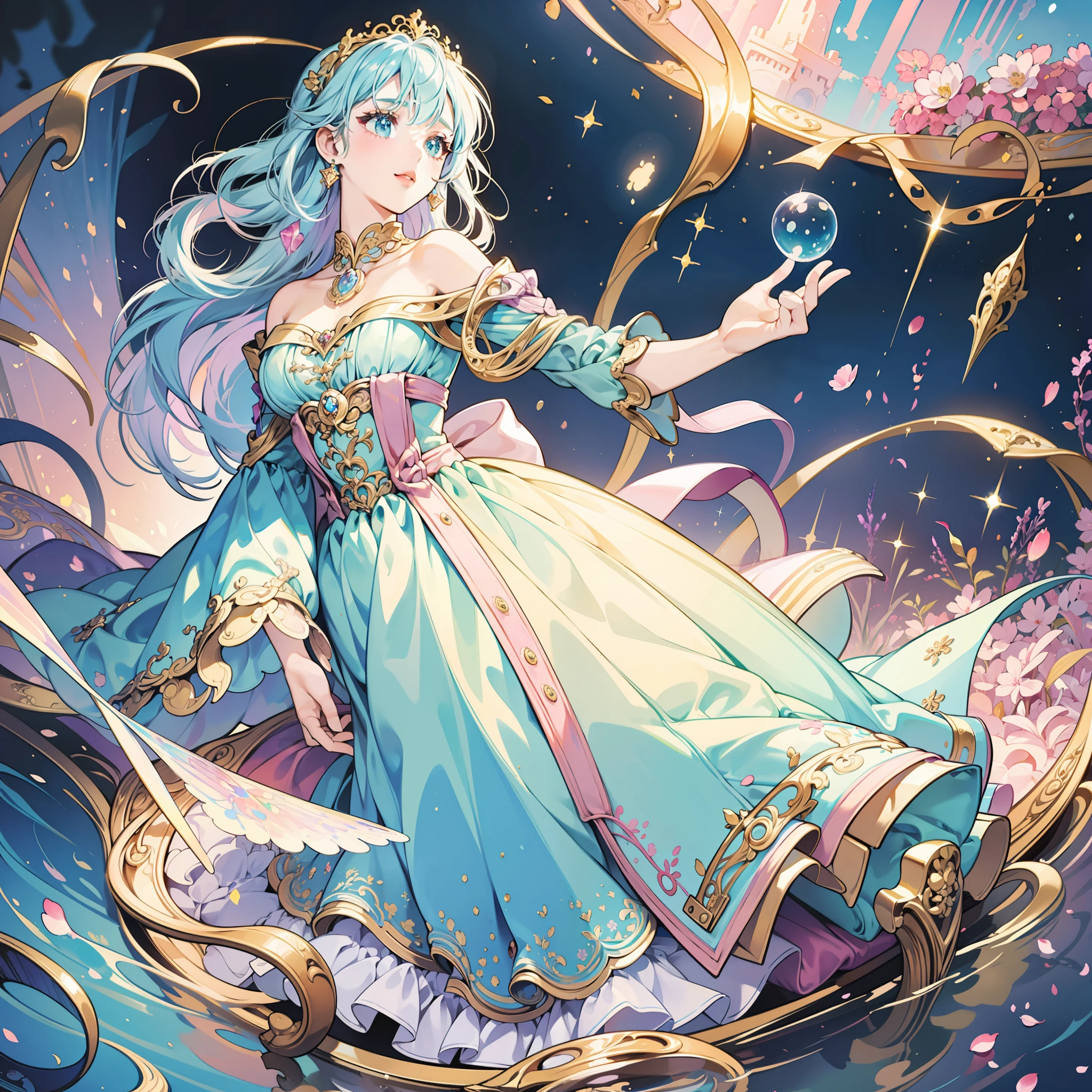 masterpiece, best quality, 8k resolution, sharp focus, intricate detail, beautiful girl, sparkling eyes, golden ratio face, otherworldly liquid, watercolor, ((pastel colors)), bright colors, whimsical, colorful, sharp focus, high resolution, fine detail, princess fantasy ballgown, ((round eyes)), iridescent bubbles, castle landscape in background