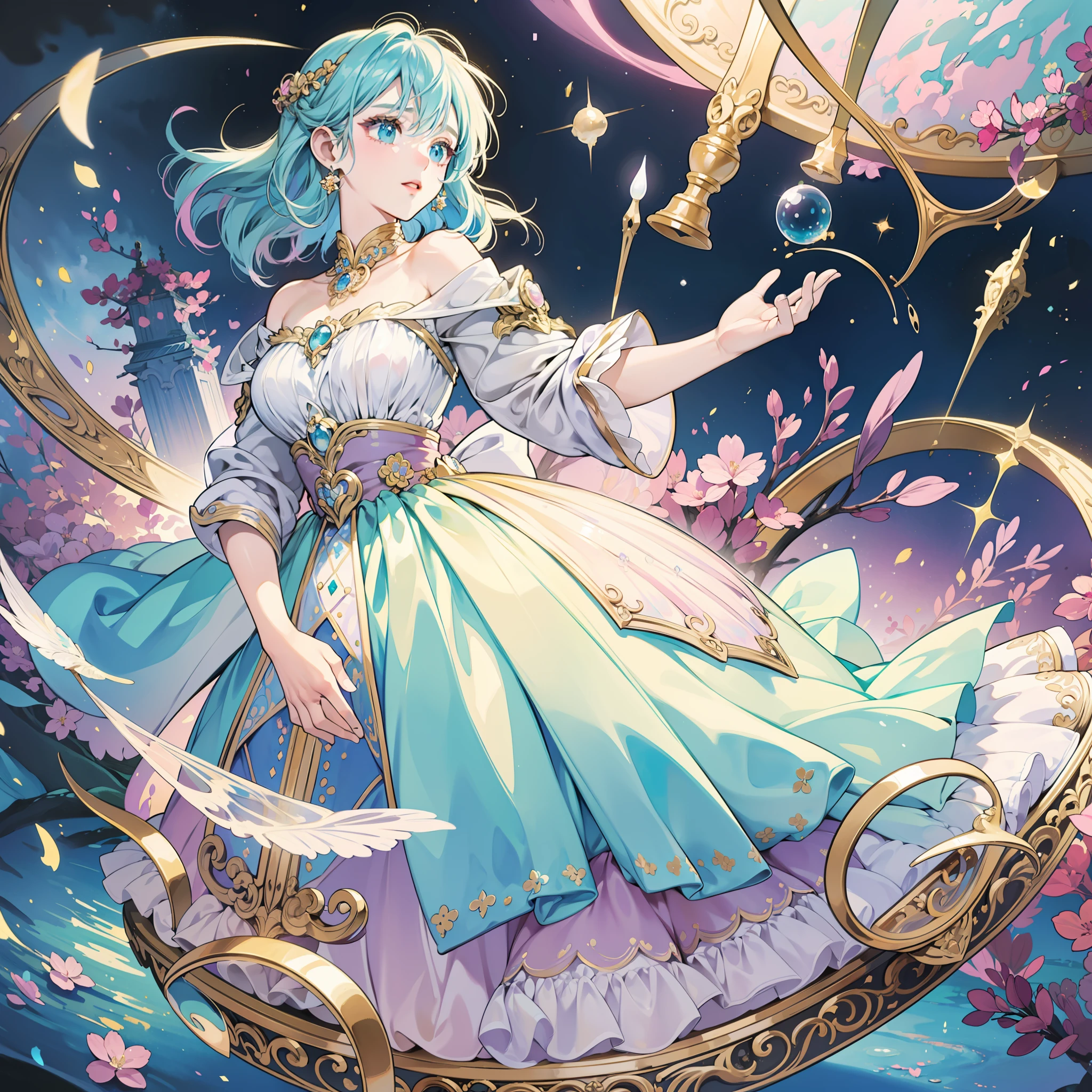 masterpiece, best quality, 8k resolution, sharp focus, intricate detail, beautiful girl, sparkling eyes, golden ratio face, otherworldly liquid, watercolor, ((pastel colors)), bright colors, whimsical, colorful, sharp focus, high resolution, fine detail, princess fantasy ballgown, ((round eyes)), iridescent bubbles, castle landscape in background