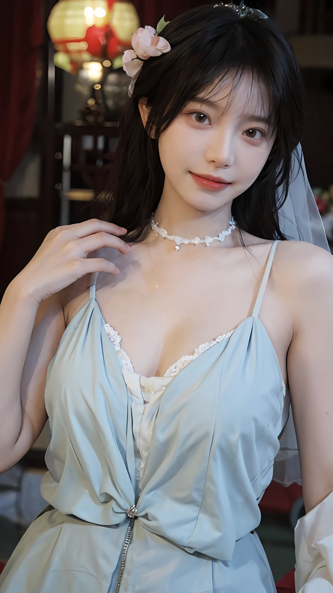 best qualtiy, 超高分辨率, (realisticlying:1.4),cute hairpin,Baoyu Girl,Stand in the wedding hall,(flatchest:1.1) ,A pair of clear and moving peach blossom eyes,Royal Sister,sunshine on face,Big wavy hairstyle,(choker necklace:1.2),(Fair skin:1.4),a sense of atmosphere,a beauty girl, ssmile,head straight-looking at viewer, closeup cleavage ,(Photorealistic:1.4),1girll,Sexy,(Upper body:1.4),(Wet body),(:1.2)