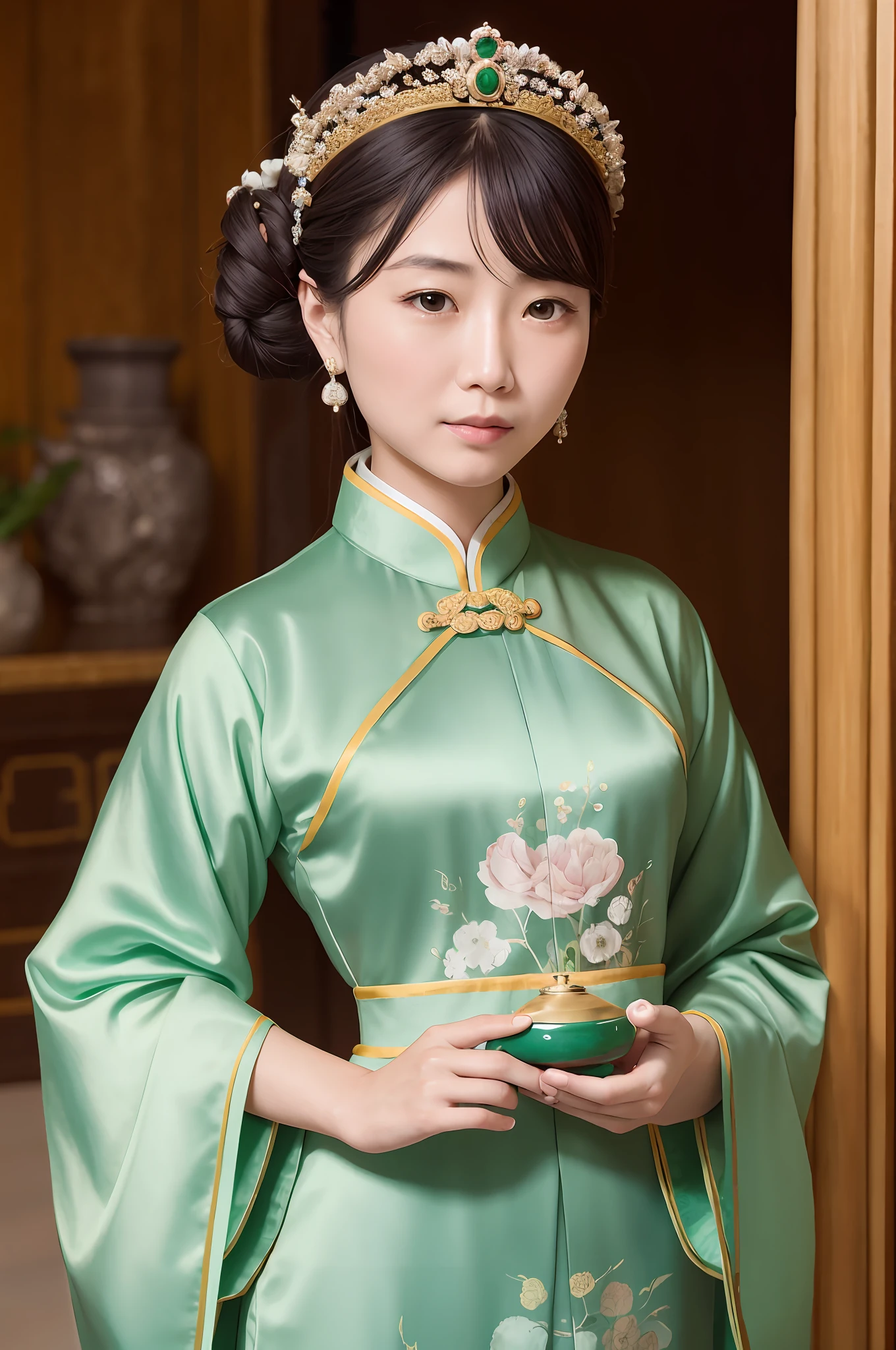 Chinese noblewoman holding a delicate jade bottle in both hands,On the chest,Realistic characters