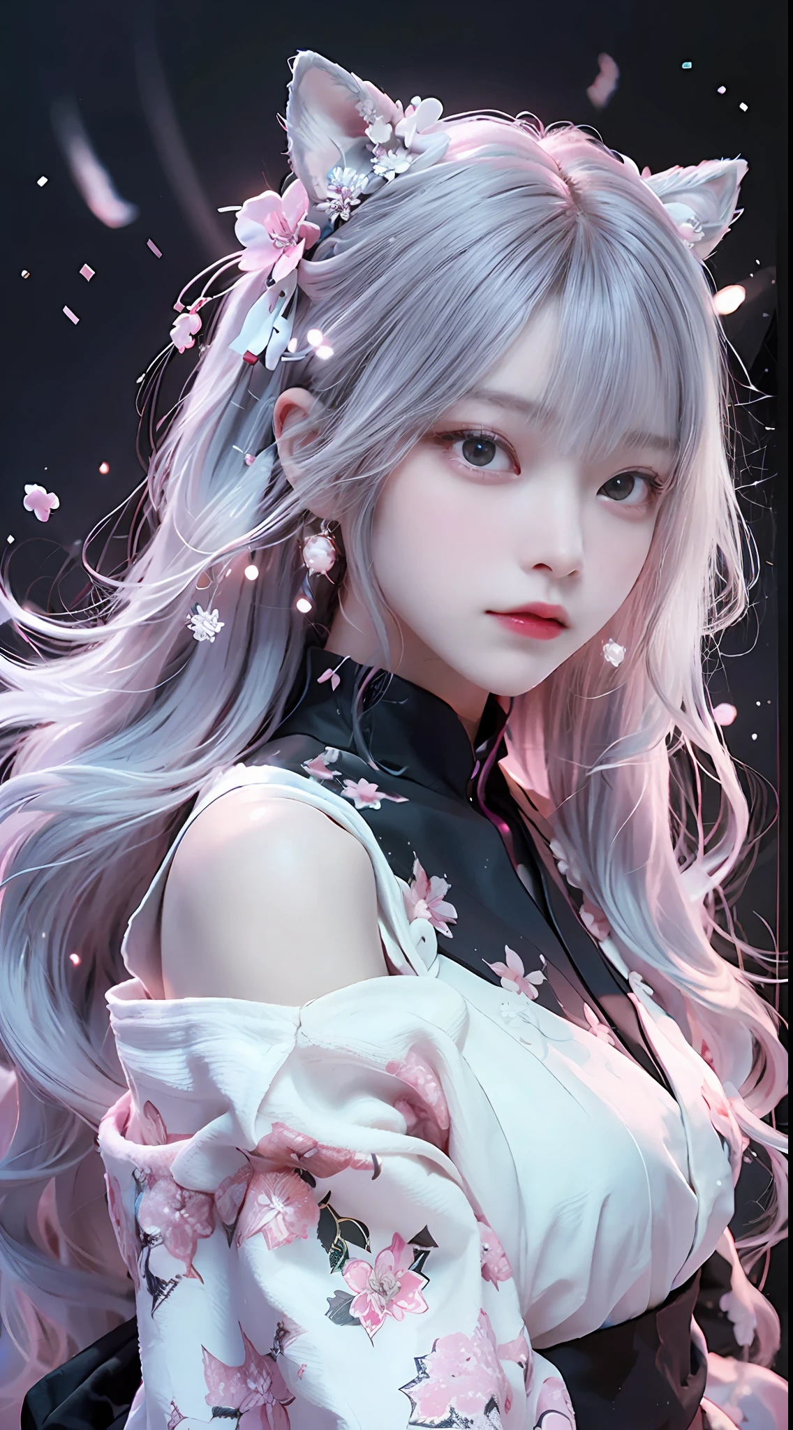 （（best qualtiy））， （（tmasterpiece））， （detail：1.4）， Beautiful cyberpunk Japan woman image，sixteen years old，(Photograph the whole body)，nffsw（HighDynamicRange），Ray traching，NVIDIA RTX，Hyper-Resolution，illusory 5，Sub-surface scattering，PBR Textures，post processed，Anisotropy Filtering，depth of fields，maximum definition and sharpness，multi-layer texture，Albedo e mapas Speculares，Surface Coloring，Mitsu-Accurate simulation of material interactions，Perfectly proportioned，rendering by octane，Two-colored light，Large aperture，Low ISO，White Balance，Rule three points、8K raw data、Beautiful bright red pupils，Off-the-shoulder clothing，Cyberpunk Priestess Uniform，Crimson Hakama，Pink gradient on pure white hair，Delicate face and eyes，with round face,　drooing eyes,　long eyelasher，Blushlush，Delicate and fluffy hair，lip，pure，Cute face，Sweet girl，Artistic sense，Casual wear，Advanced Sense，Snowflake，flower petals，Snowflake,　Briar snow background,　Beautiful Hair Accessories，long hair and waist，Hair fluttering in the wind，Snow White cat ears,　Curly