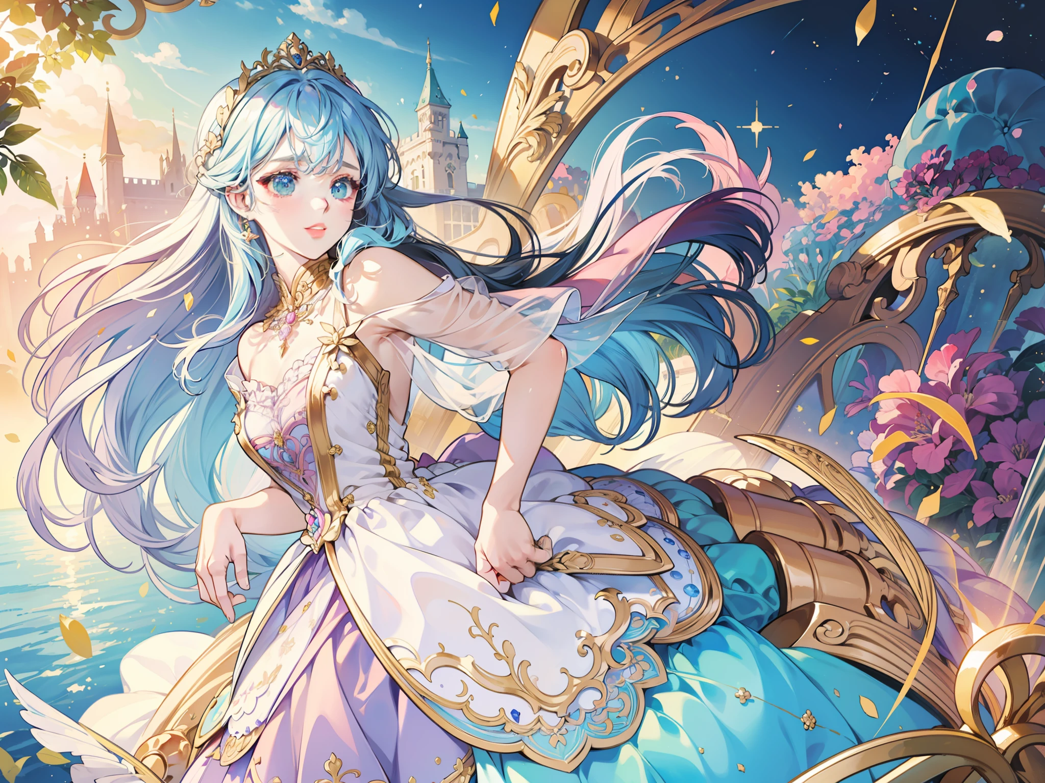 masterpiece, best quality, 8k resolution, sharp focus, intricate detail, beautiful girl, sparkling eyes, golden ratio face, otherworldly liquid, watercolor, ((pastel colors)), bright colors, whimsical, colorful, sharp focus, high resolution, fine detail, princess fantasy ballgown, ((round eyes)), iridescent bubbles, castle landscape in background