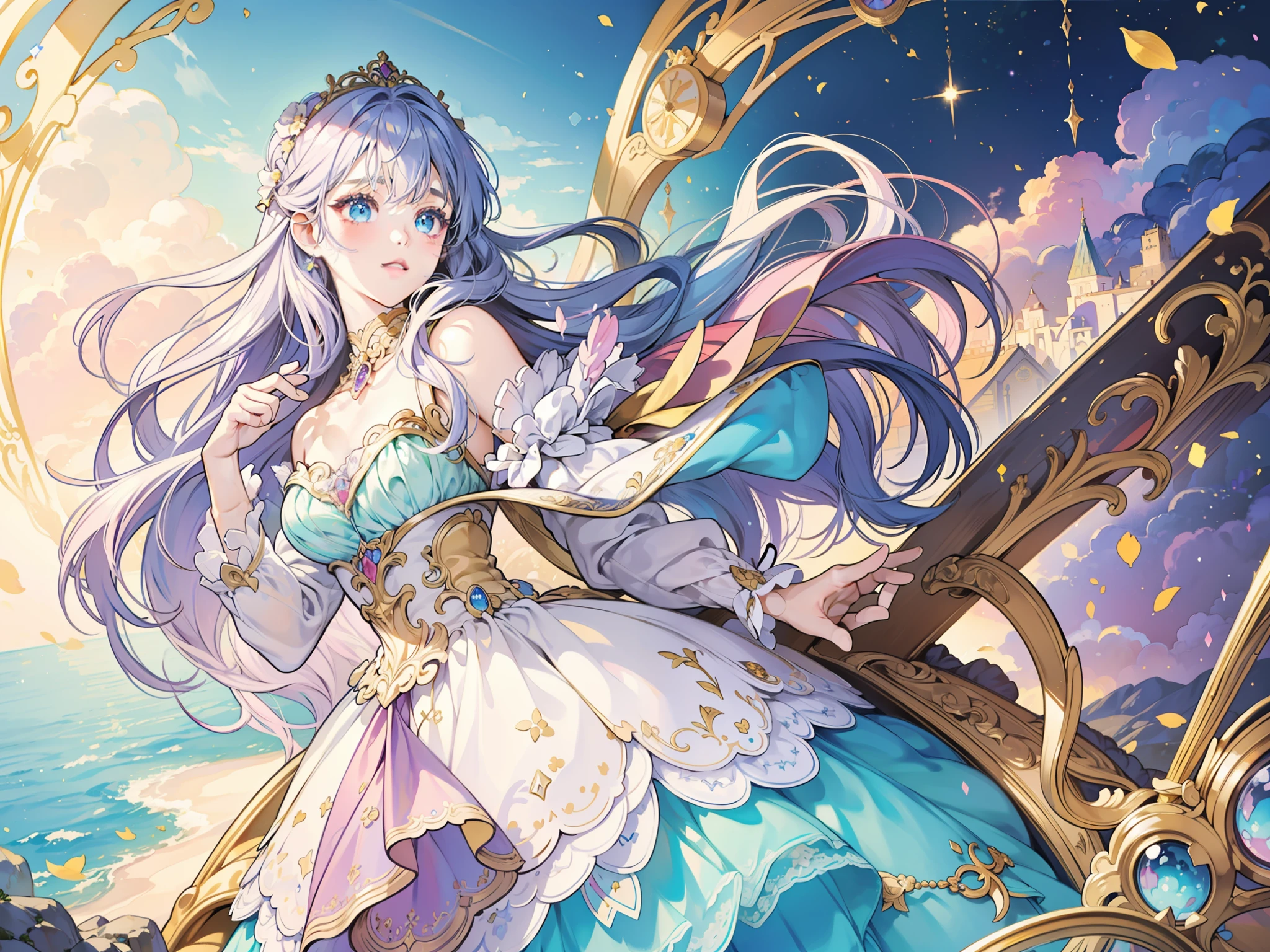 masterpiece, best quality, 8k resolution, sharp focus, intricate detail, beautiful girl, sparkling eyes, golden ratio face, otherworldly liquid, watercolor, ((pastel colors)), bright colors, whimsical, colorful, sharp focus, high resolution, fine detail, princess fantasy ballgown, ((round eyes)), iridescent bubbles, castle landscape in background