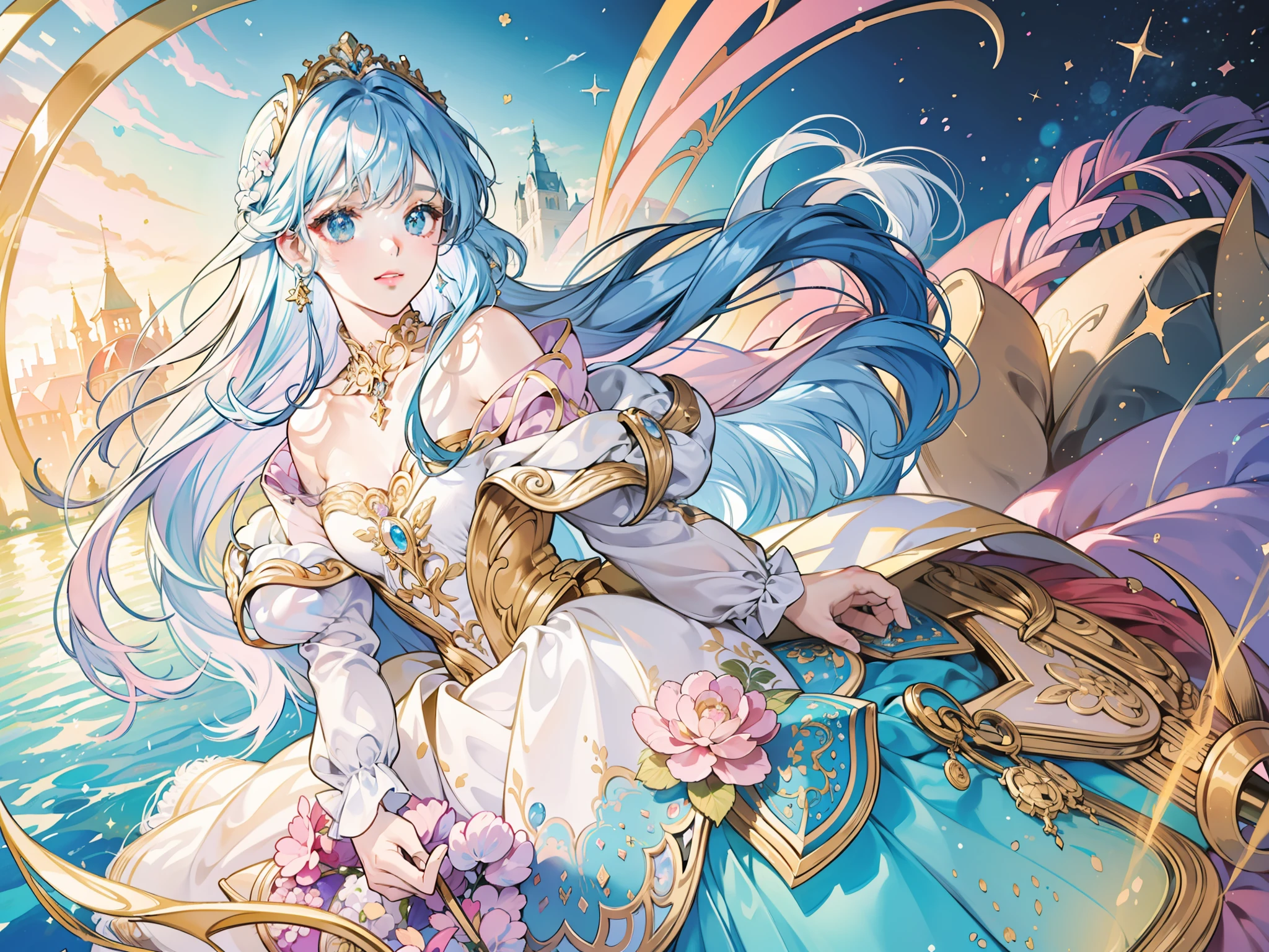 masterpiece, best quality, 8k resolution, sharp focus, intricate detail, beautiful girl, sparkling eyes, golden ratio face, otherworldly liquid, watercolor, ((pastel colors)), bright colors, whimsical, colorful, sharp focus, high resolution, fine detail, princess fantasy ballgown, ((round eyes)), iridescent bubbles, castle landscape in background
